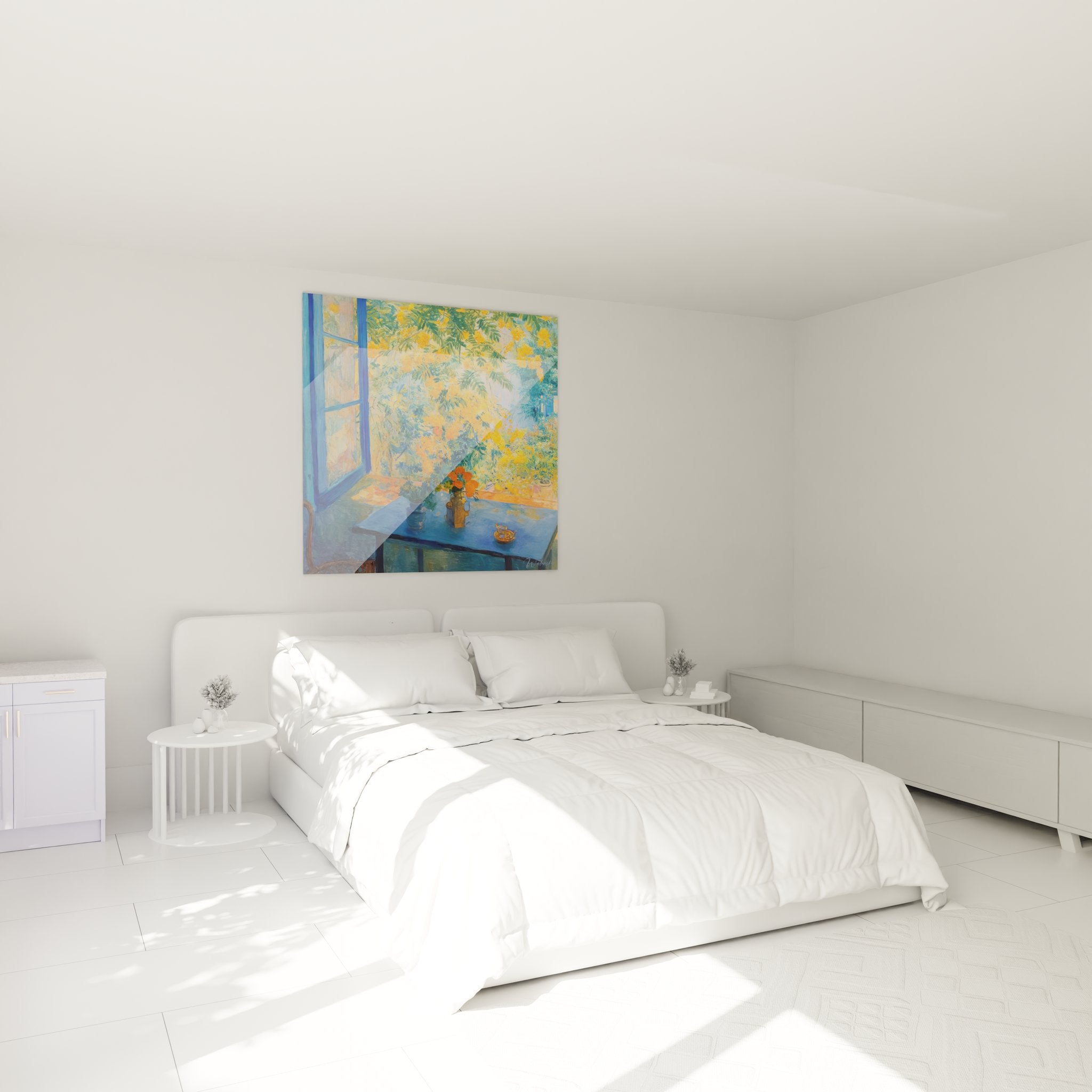 Décoration chambre avec tableau jardin fleuri mimosas ambiance méditerranéenne