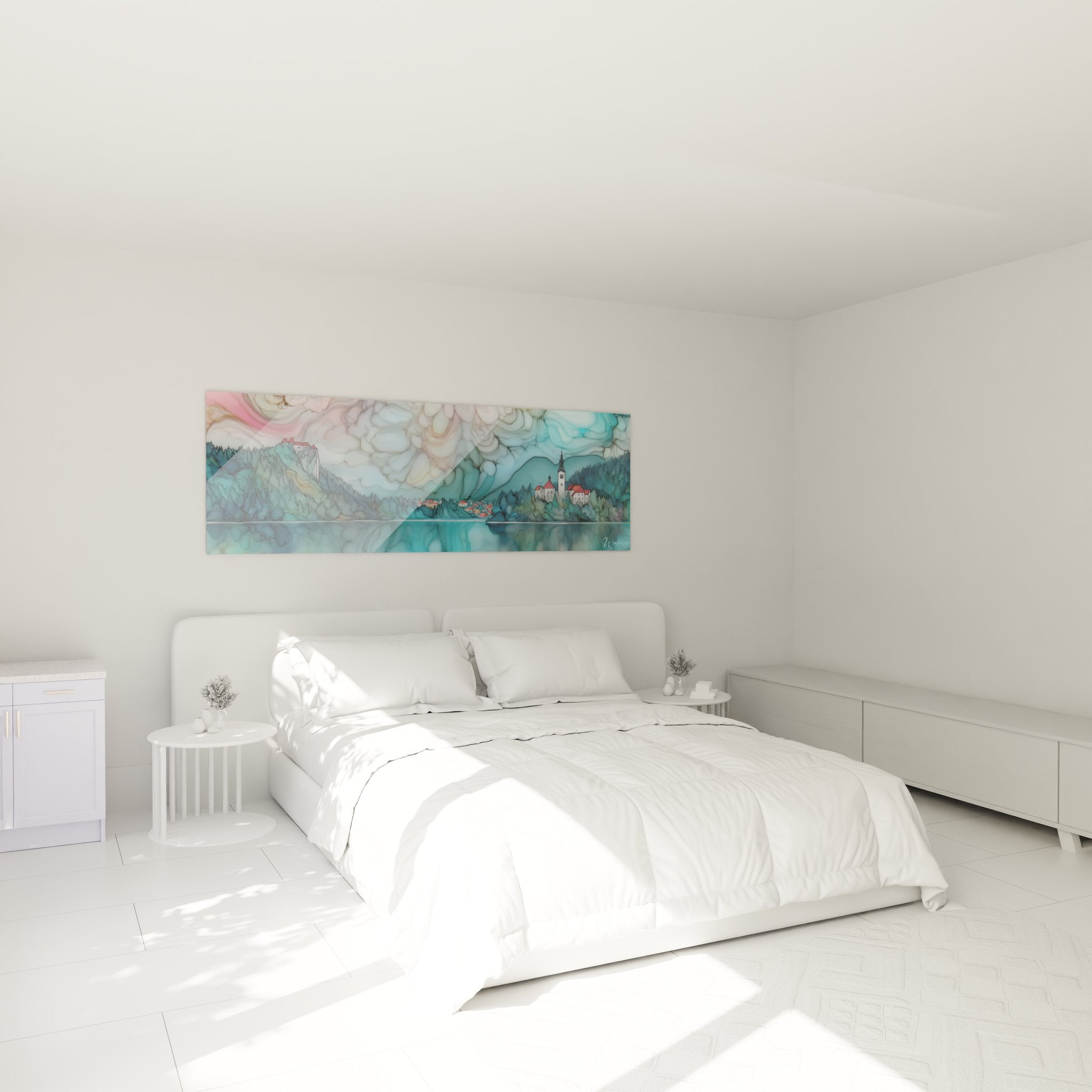 Ambiance chambre avec tableau décoratif lac de Bled, décoration murale paysage alpin