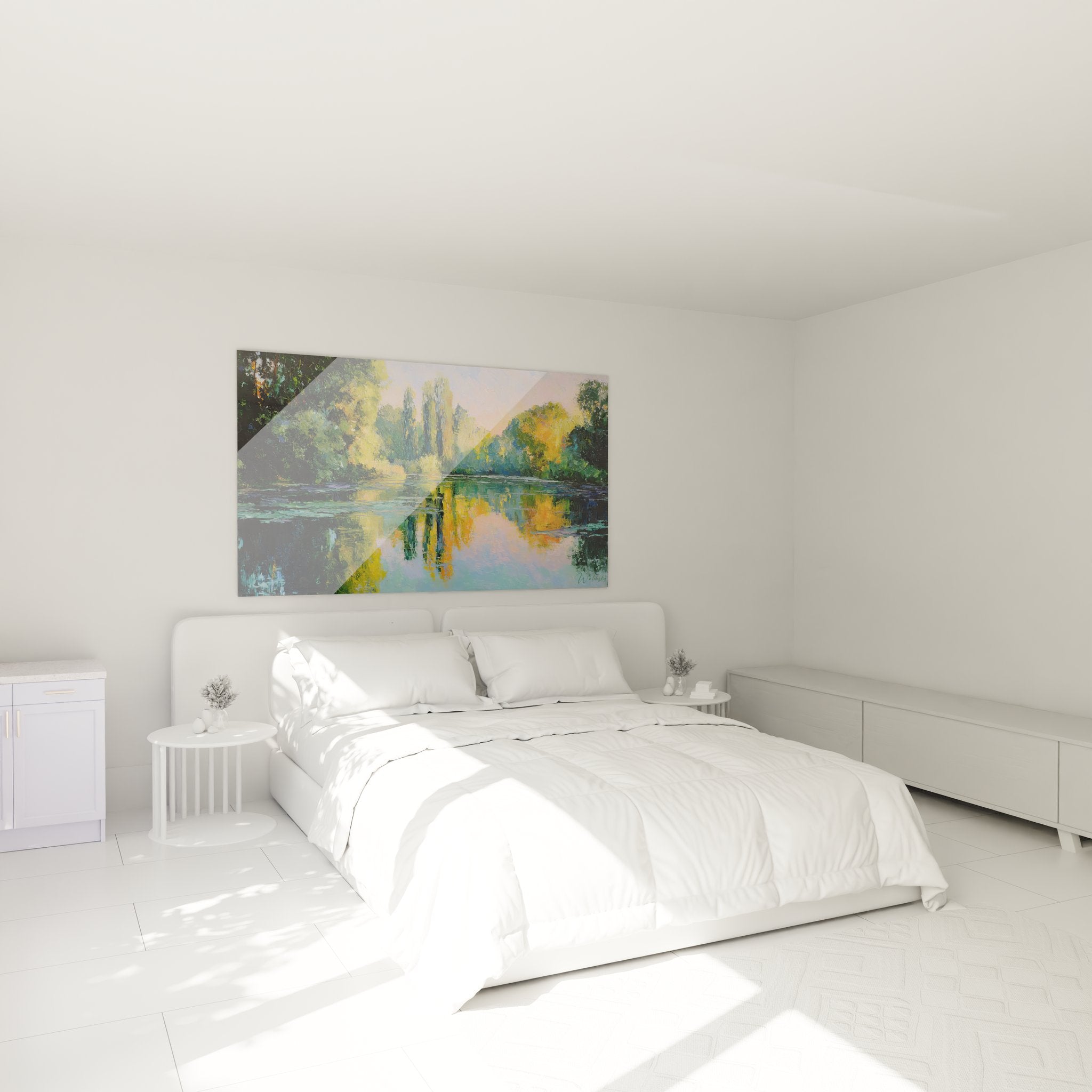 Décoration murale chambre tableau lac reflets dorés ambiance paisible et relaxante