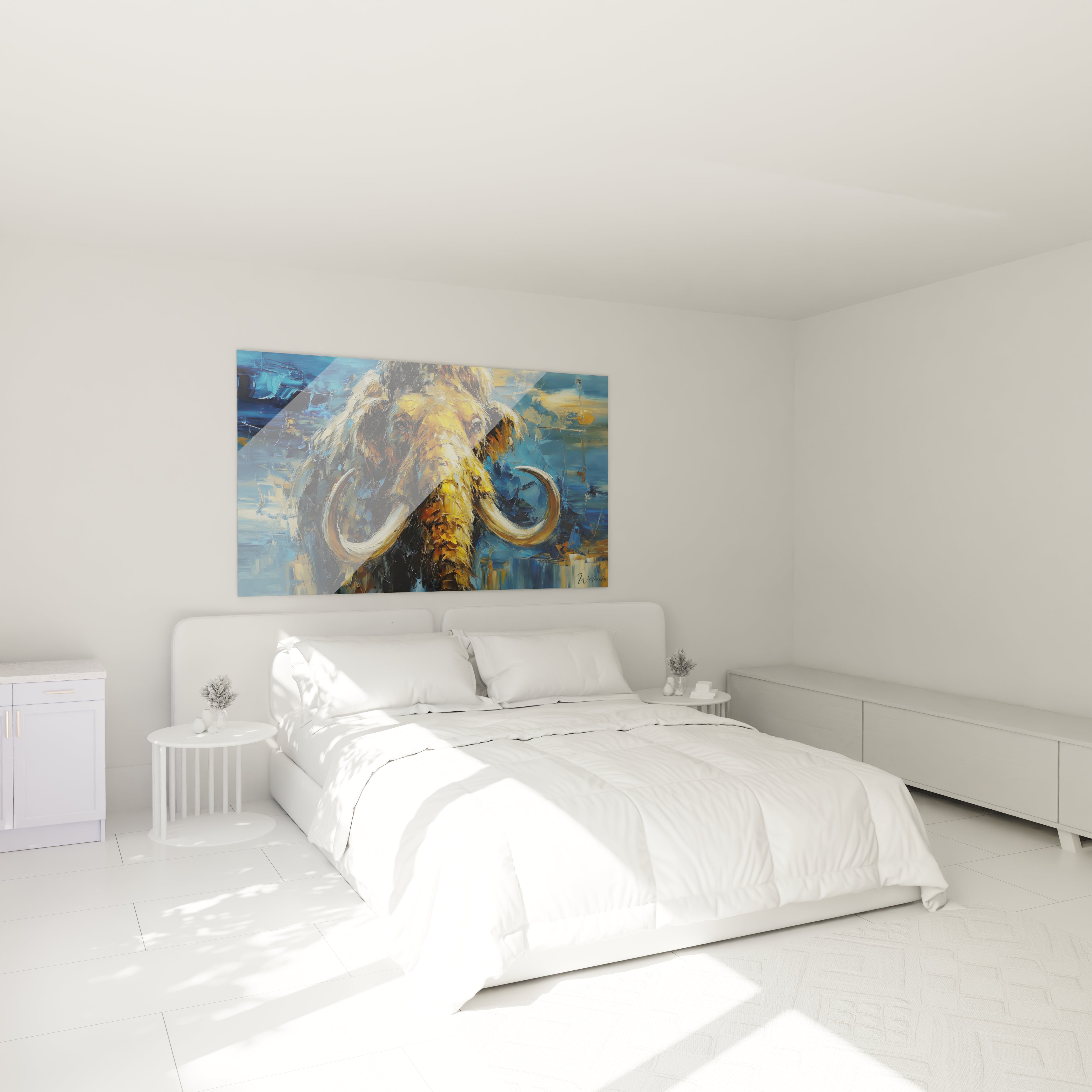 Décoration chambre tableau mural mammouth laineux art préhistorique ambiance cosy moderne