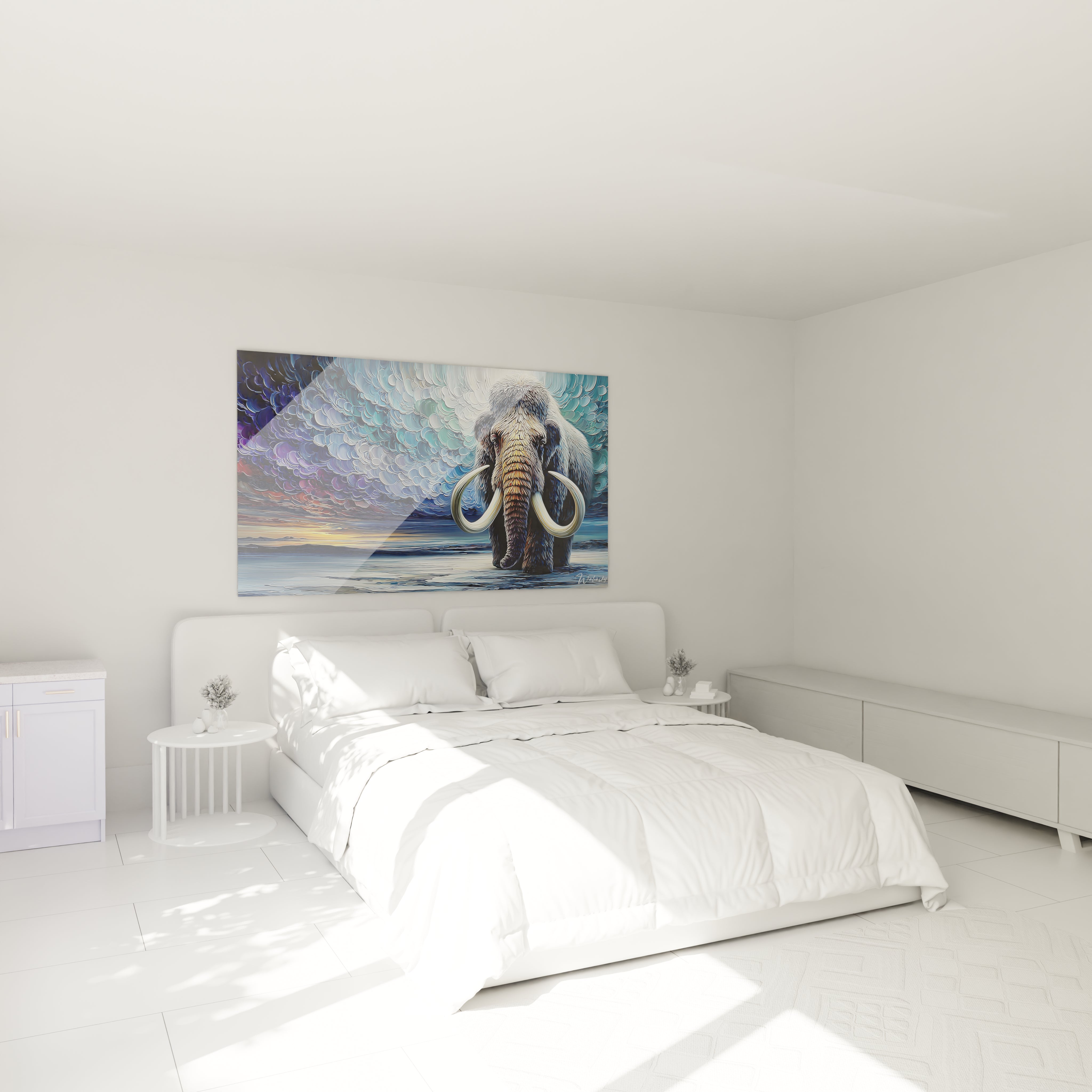 Tableau mammouth préhistorique décorant une chambre moderne avec ciel tourmenté artistique