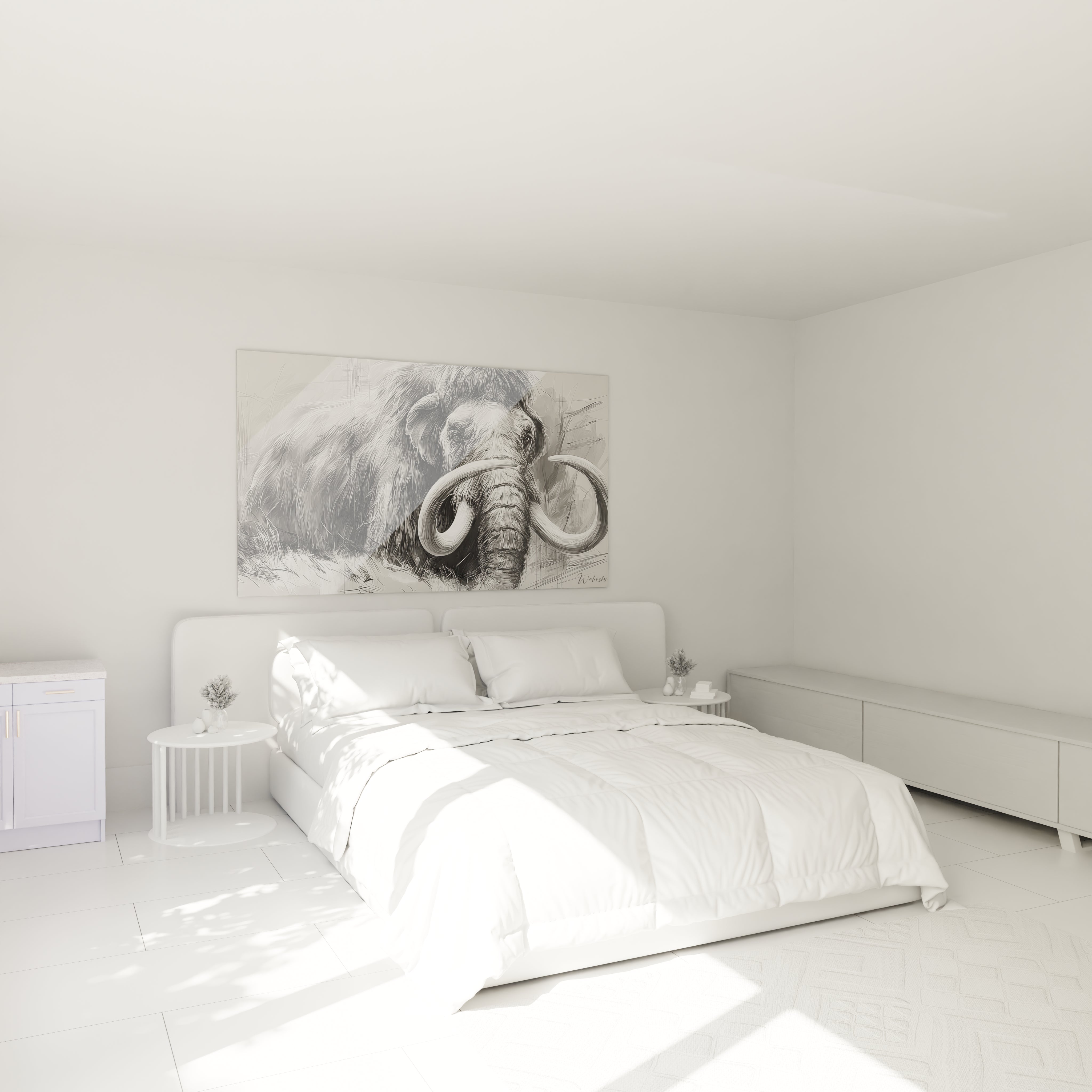 Décoration chambre avec tableau mammouth préhistorique noir et blanc au-dessus du lit