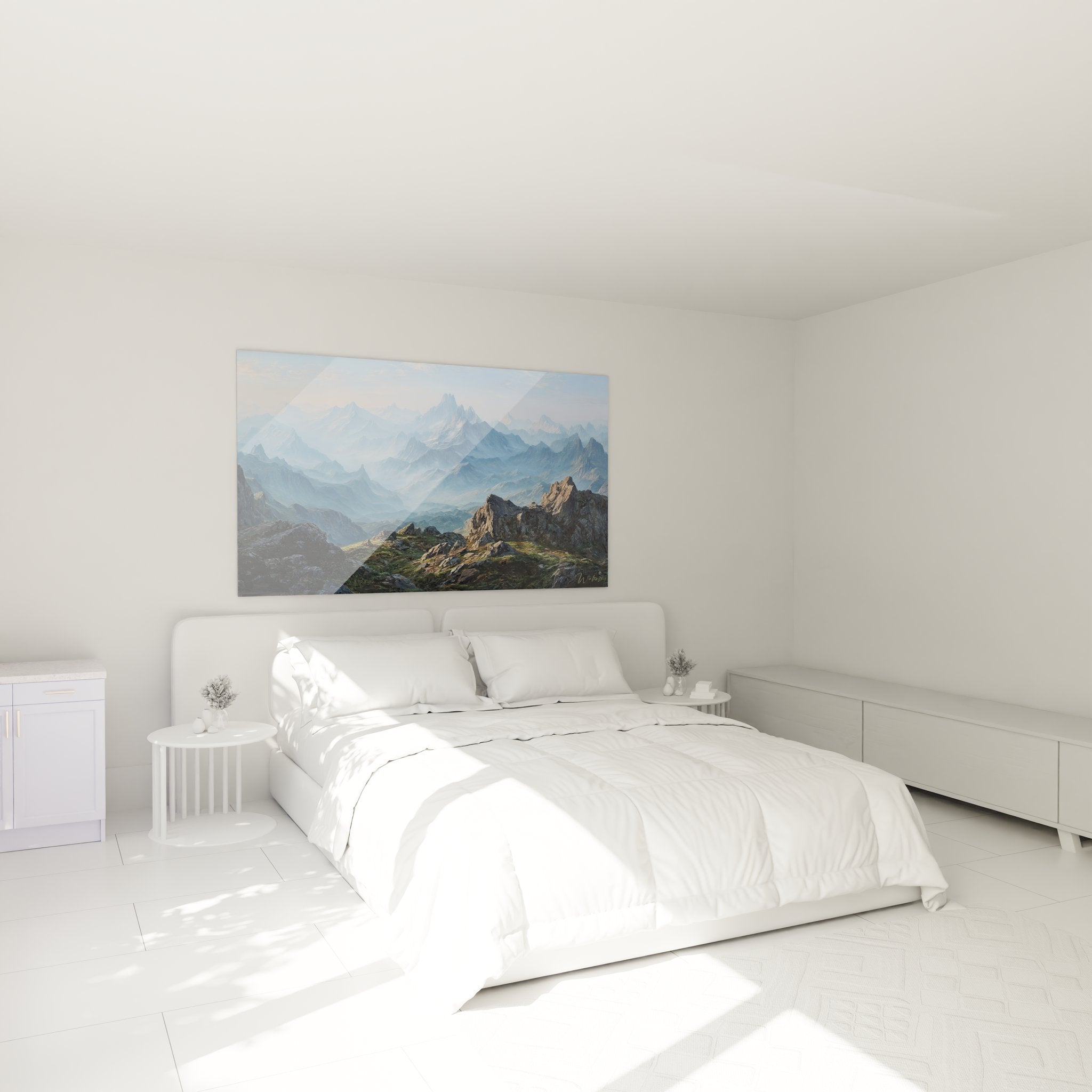 Décoration chambre avec tableau montagne aux tons bleus apaisants