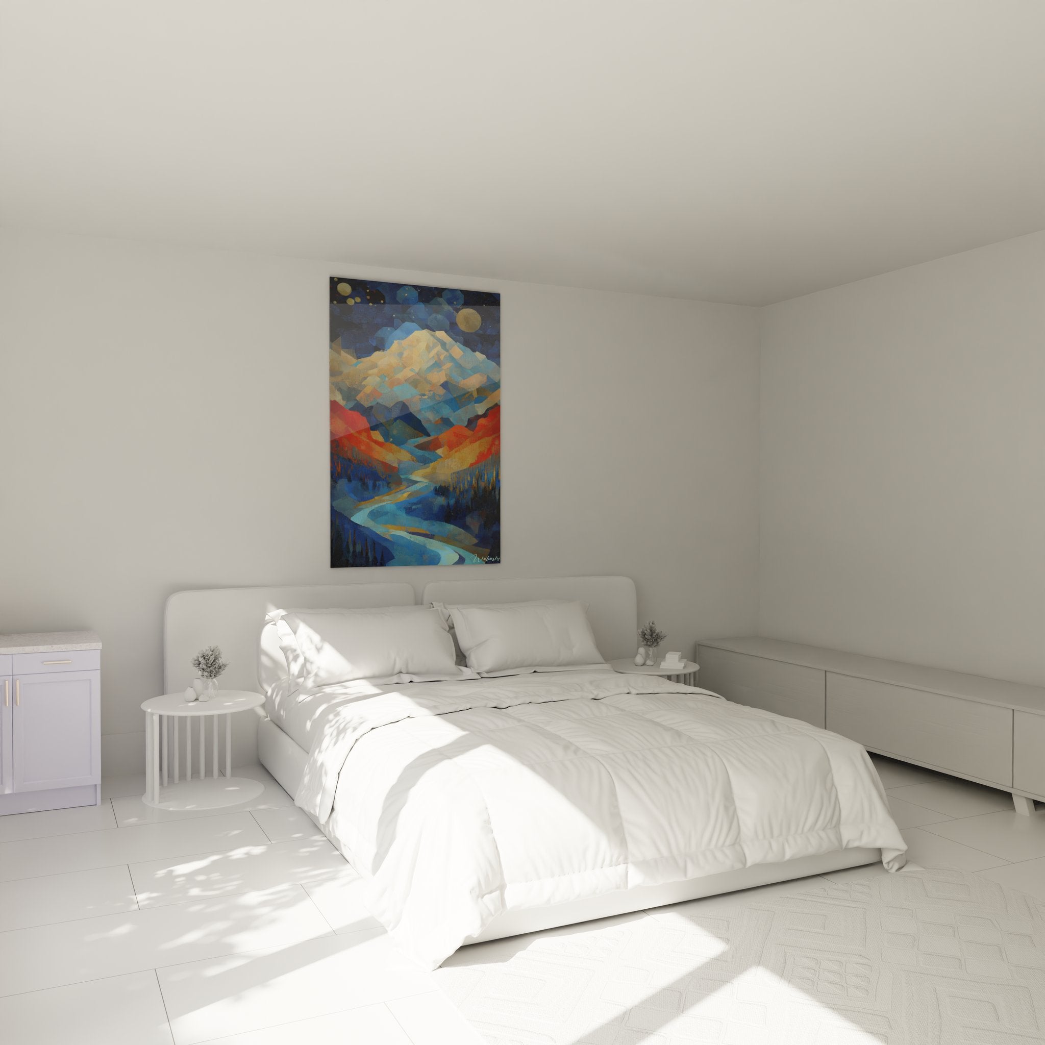 Décoration chambre avec tableau montagne contemporain aux formes géométriques et palette bleue dorée