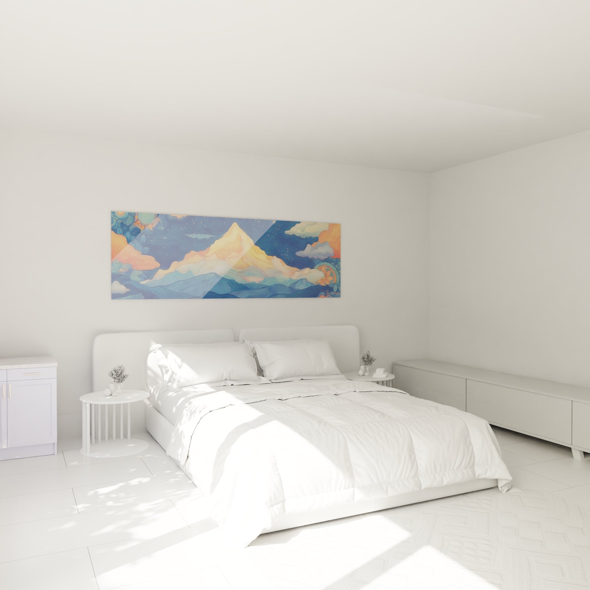 Décoration chambre avec tableau montagne moderne, ambiance zen et apaisante pour intérieur cosy