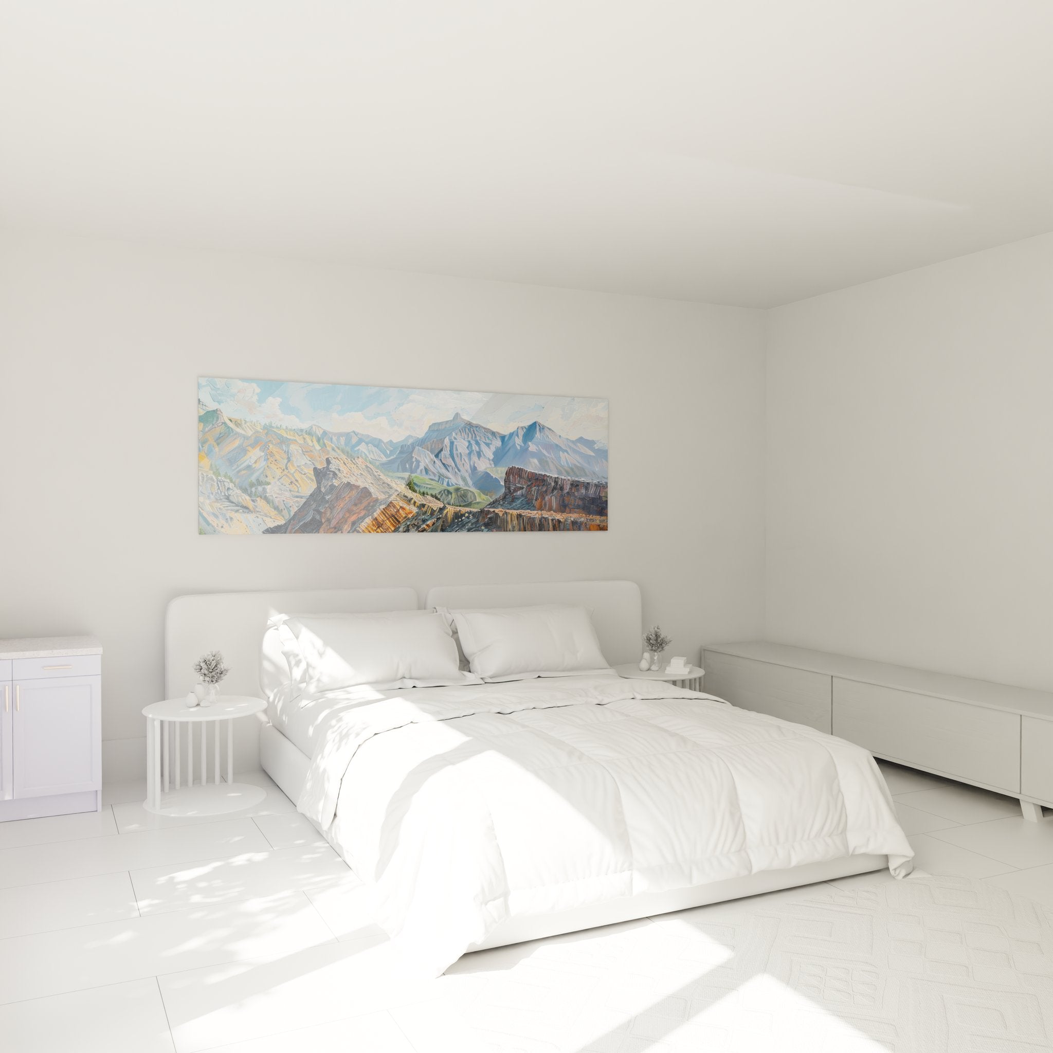 Décoration chambre avec tableau montagne panoramique aux teintes ocres et bleues