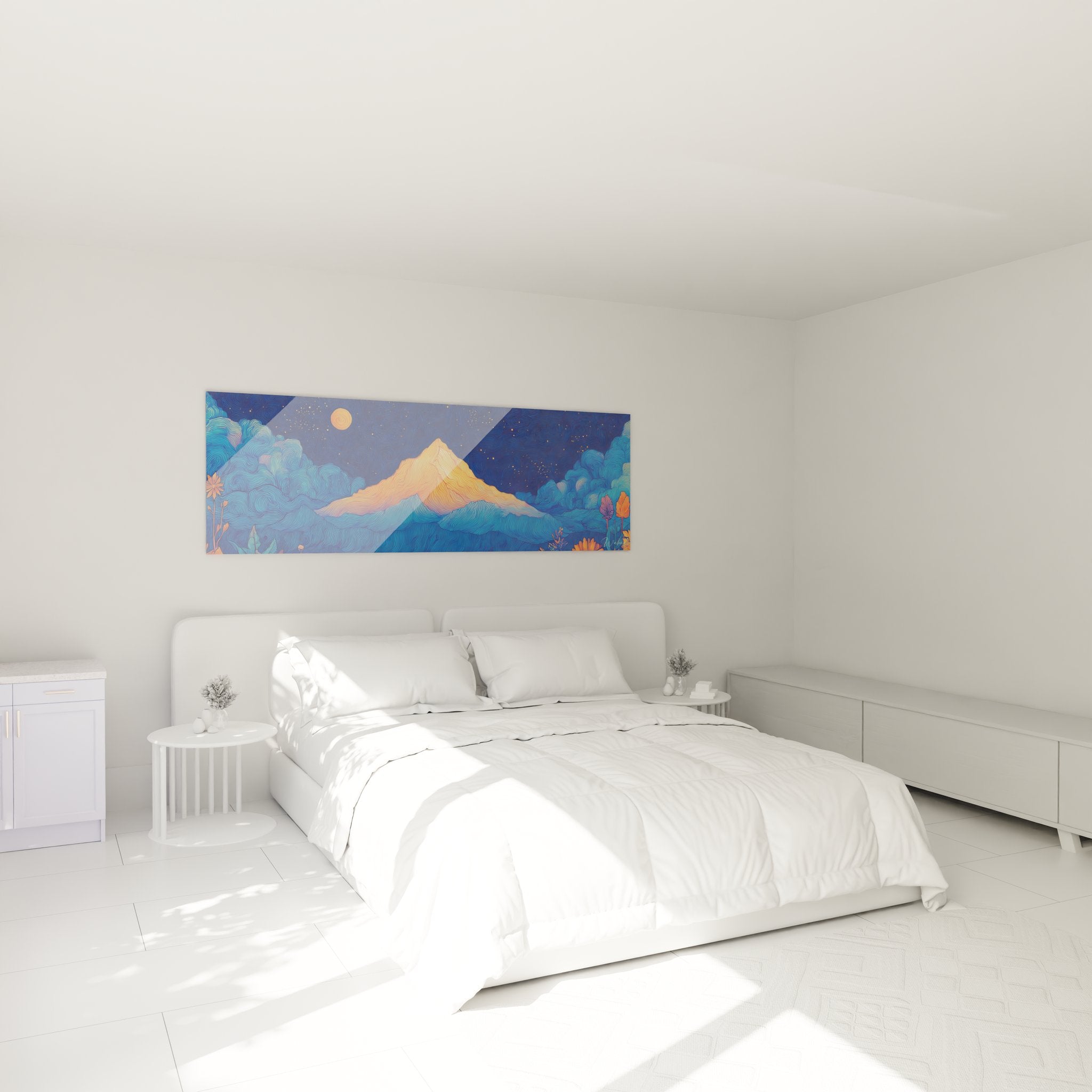 Décoration murale montagne stylisée dans une chambre moderne avec paysage nocturne bleu orange