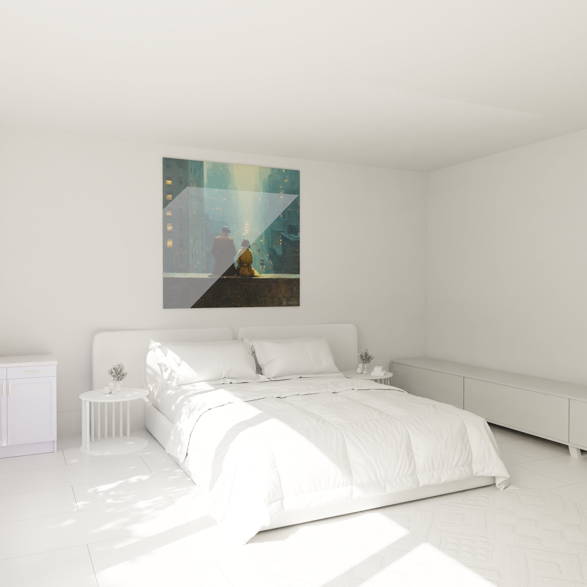 Décoration murale chambre avec tableau New York romantique, couple urbain nocturne ambiance tamisée