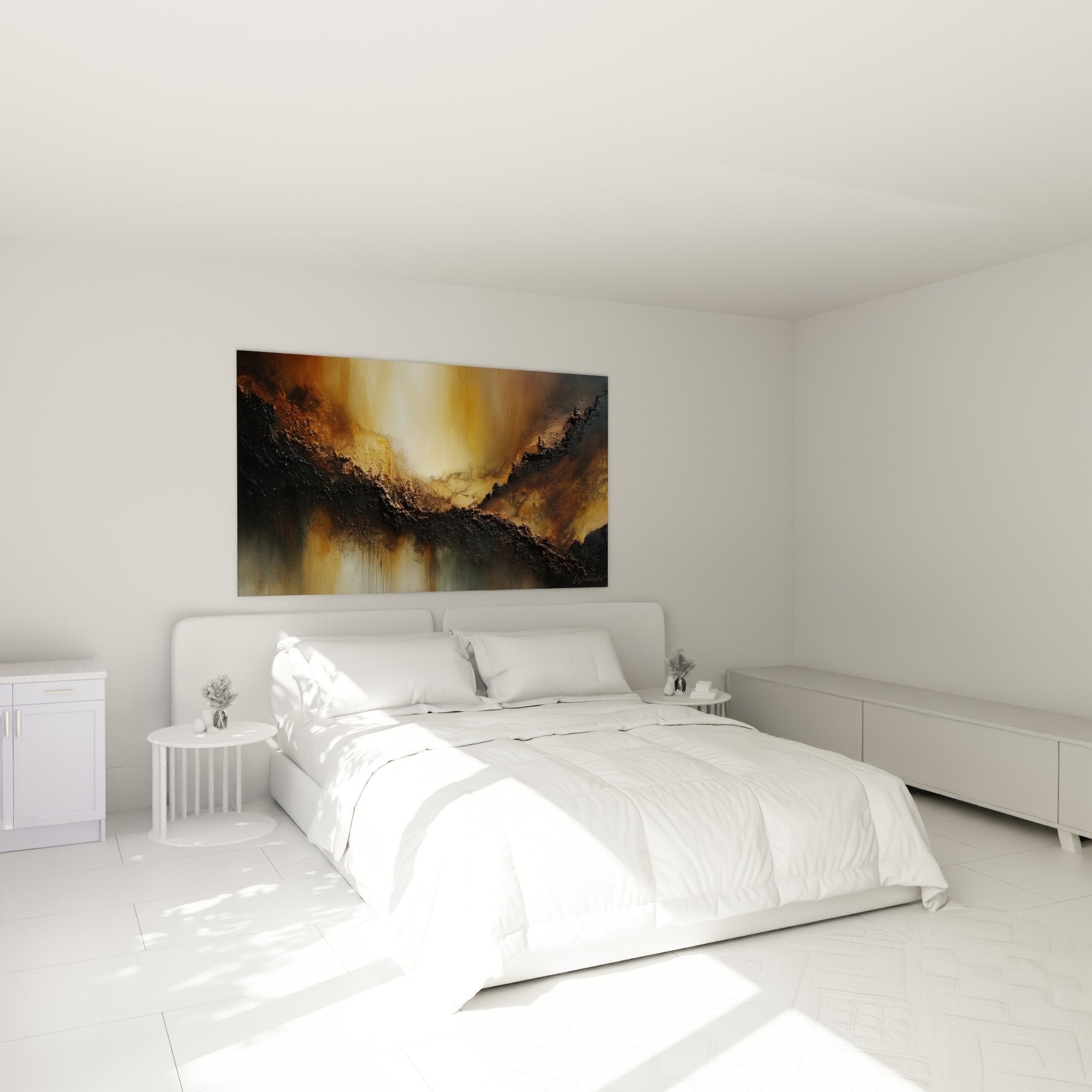abstract ochre gold painting bedroom beige wall earth tone feng shui harmony decor