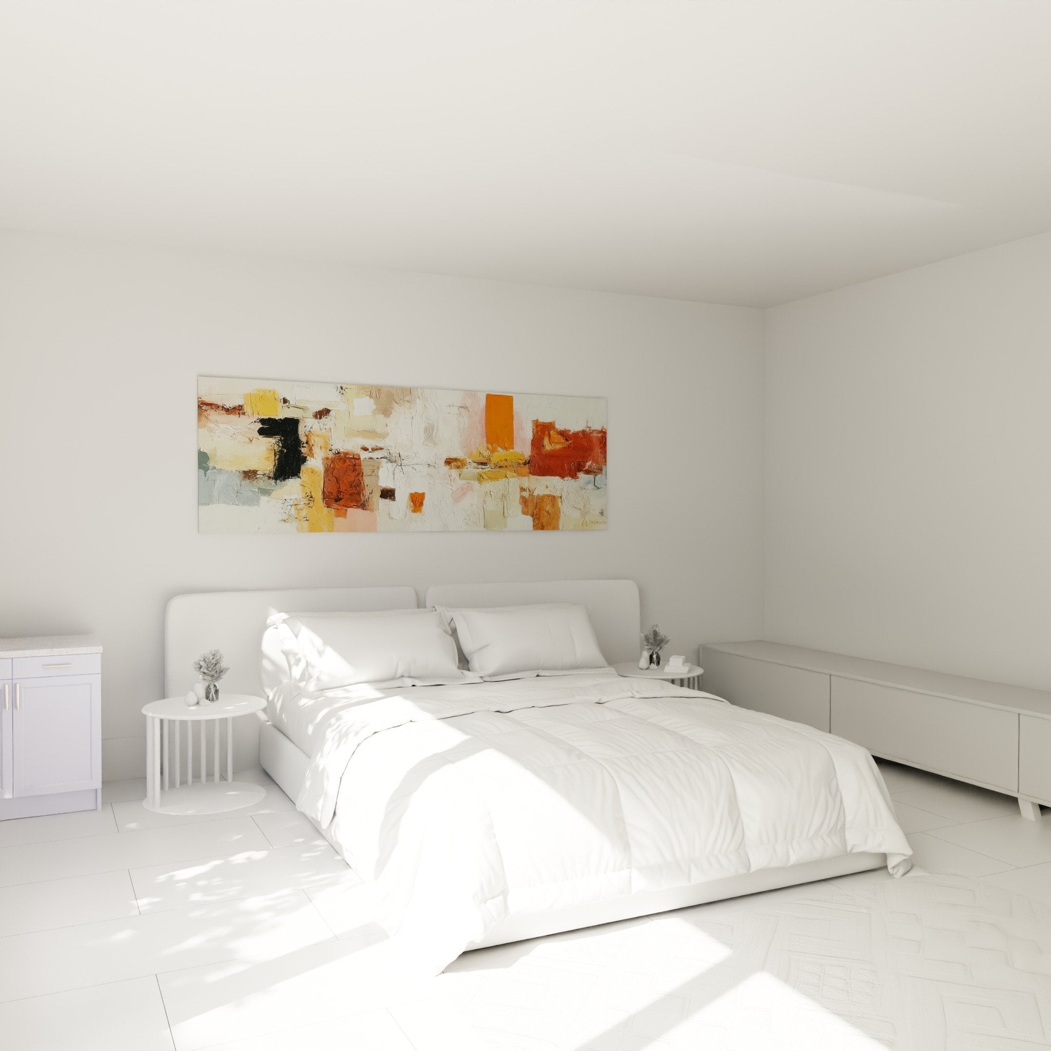 Décoration murale chambre avec tableau abstrait orange et ocre créant une ambiance chaleureuse contemporaine