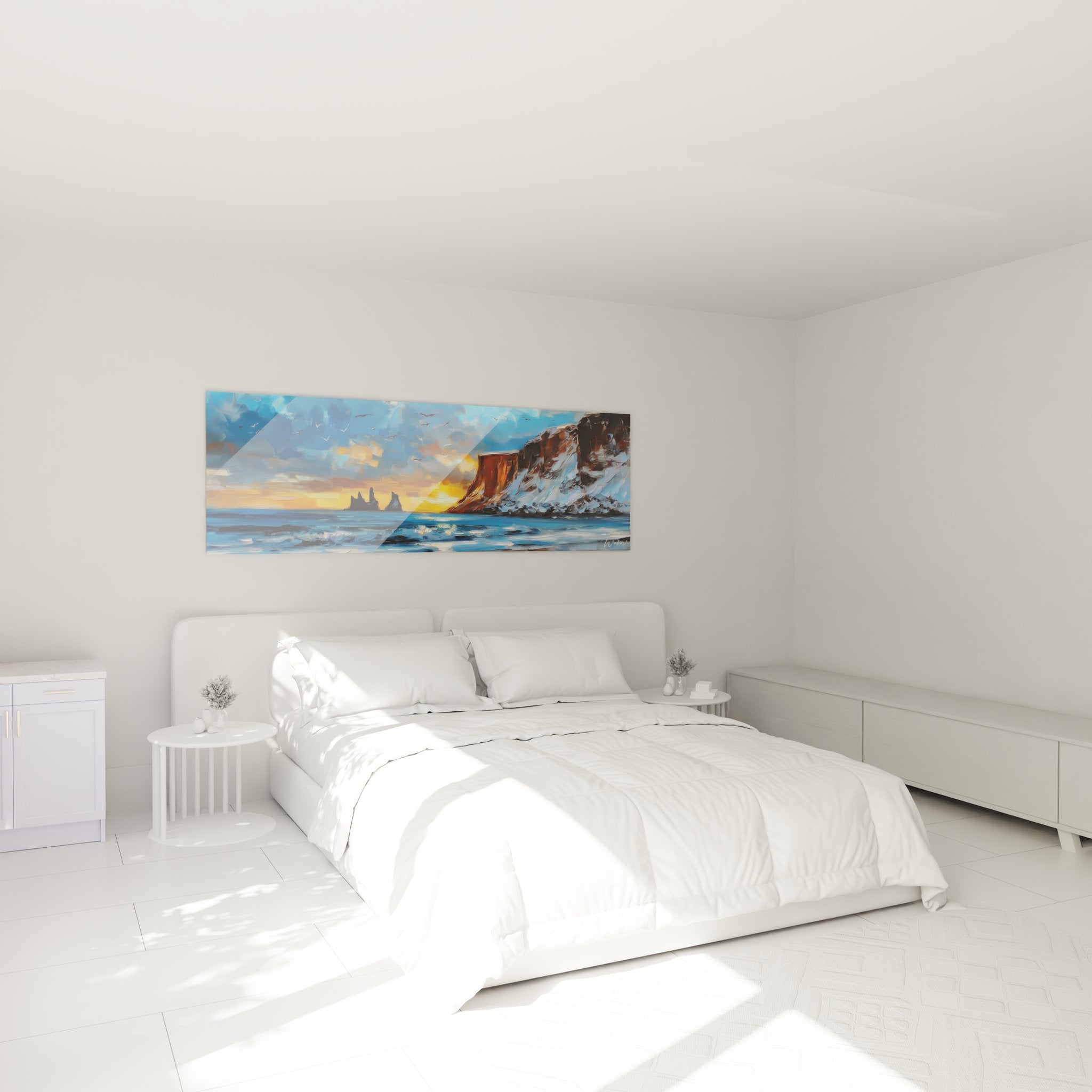 Décoration murale chambre avec tableau paysage nordique coucher de soleil falaises Islande ambiance cosy