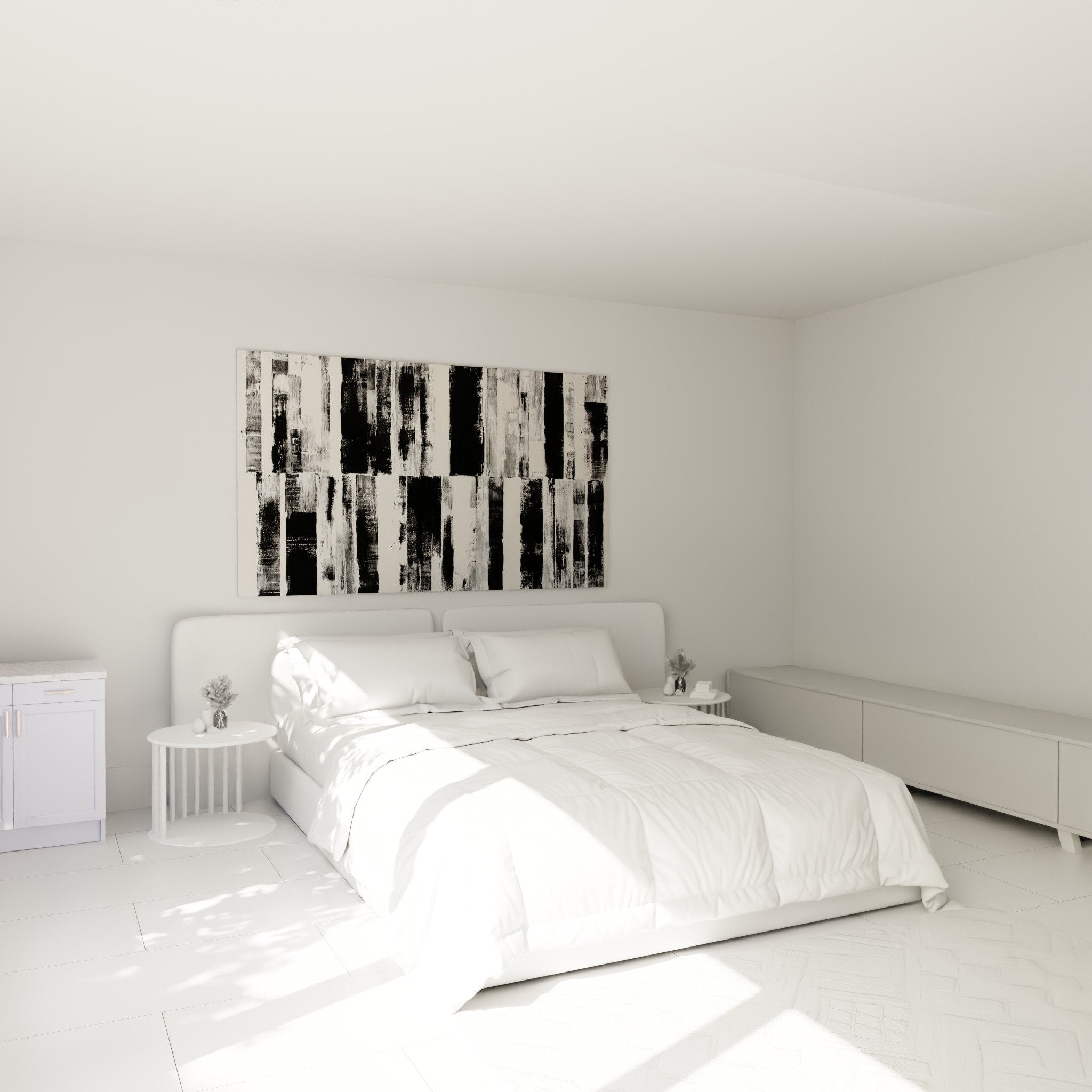 Decoration chambre avec tableau abstrait rayures verticales noir blanc gris feng shui ouest metal