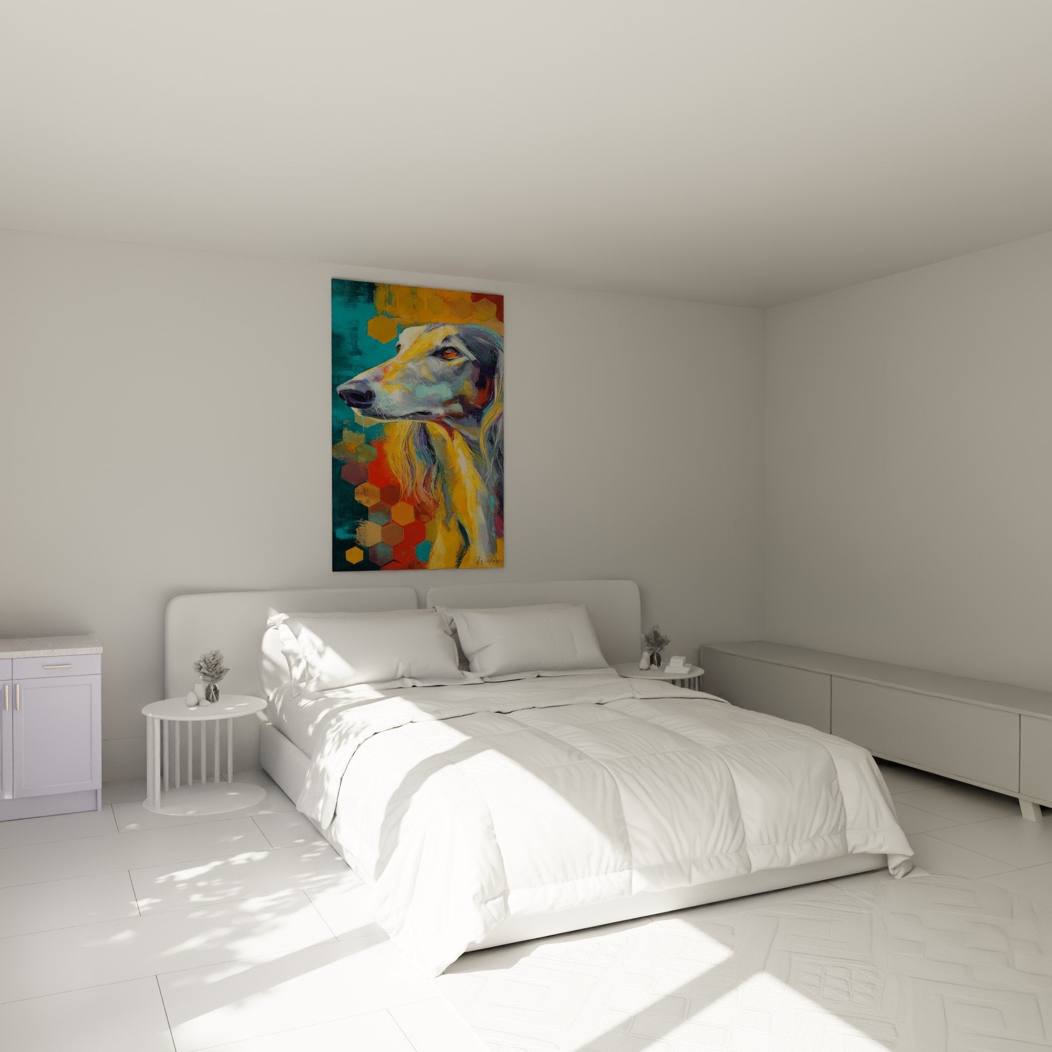Tableau lévrier coloré dans chambre moderne avec décoration contemporaine aux tons neutres