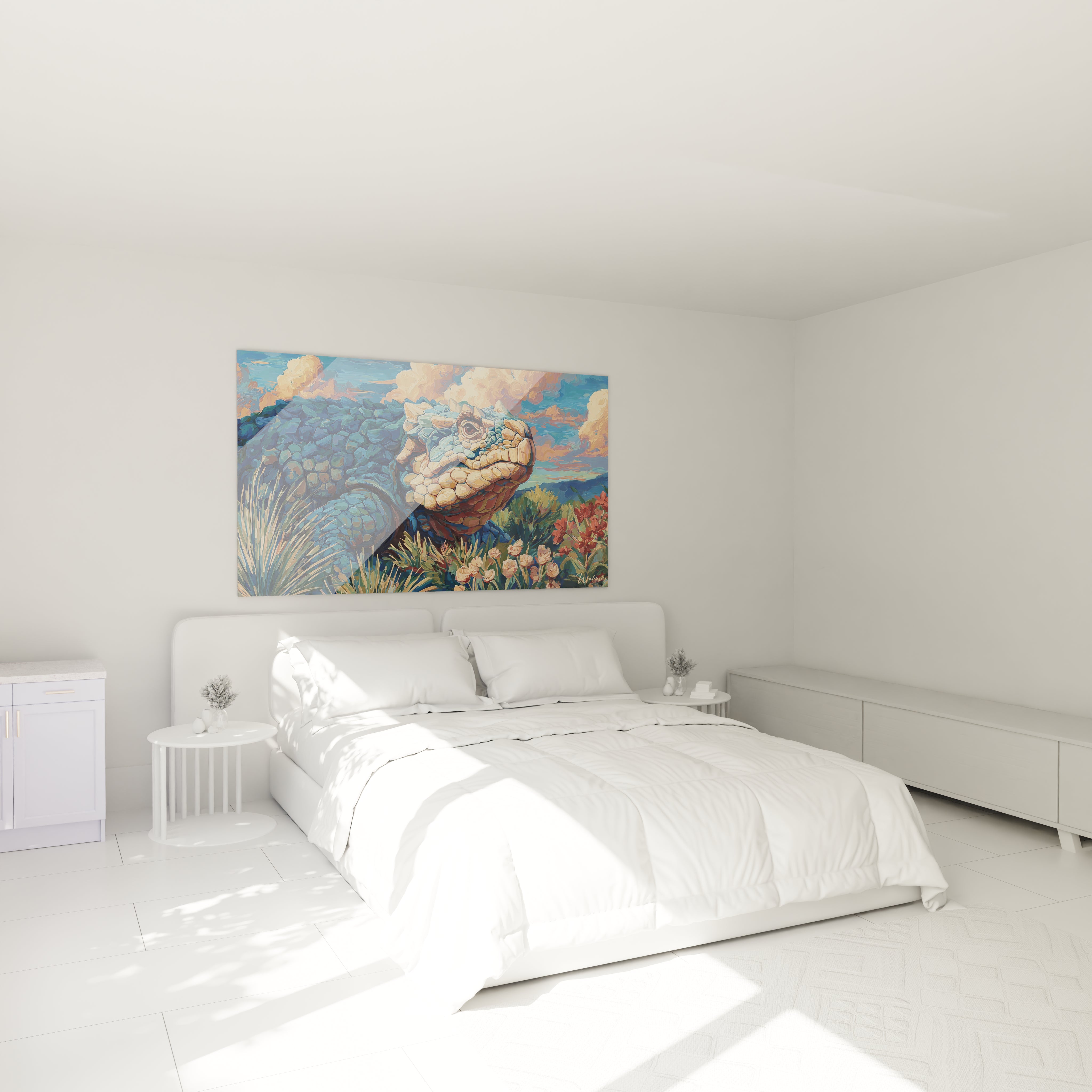 Décoration chambre avec tableau Scutosaurus créature préhistorique aux tons bleus et oranges