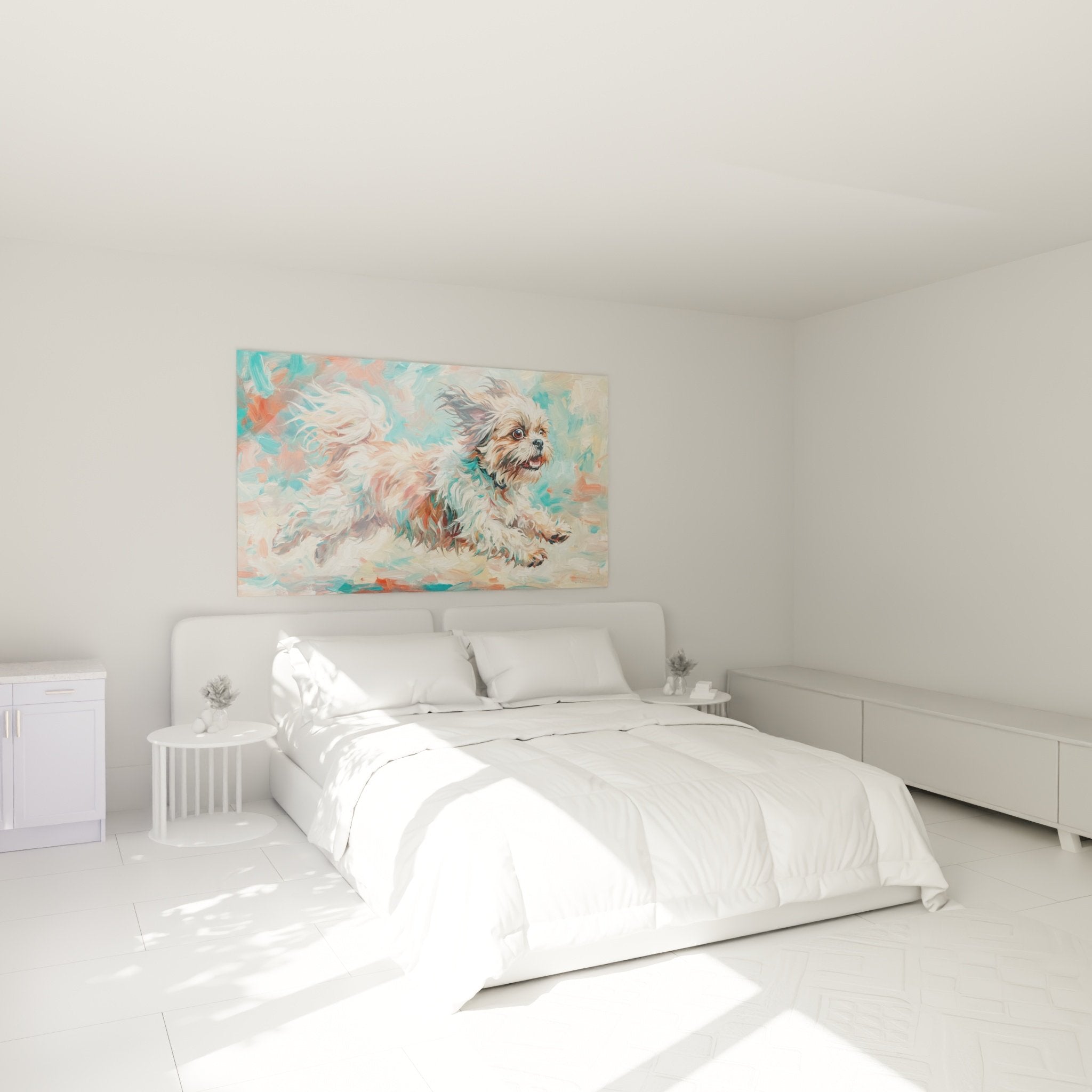 Décoration chambre avec tableau Shih Tzu dynamique aux couleurs turquoise corail art canin moderne mural