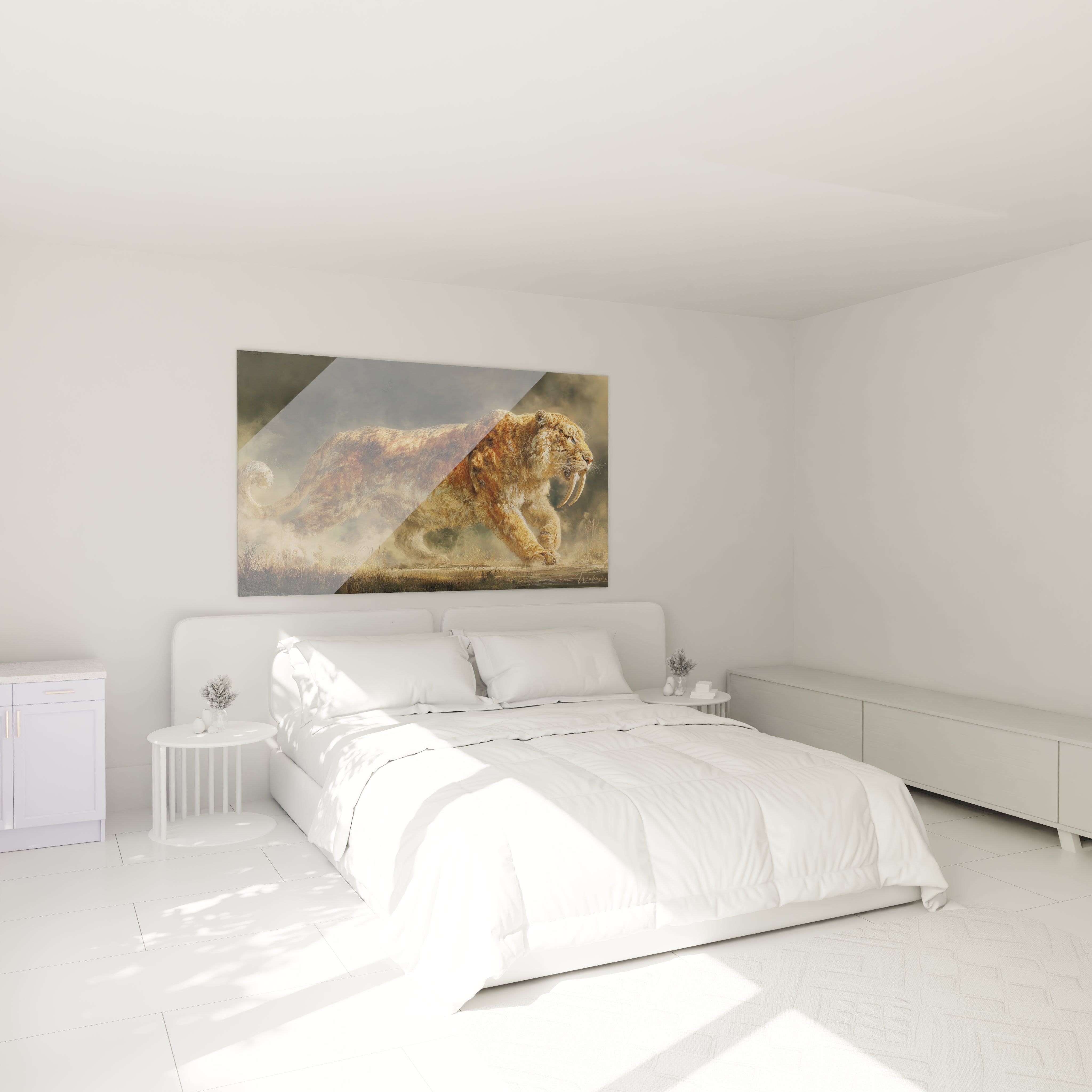 Ambiance chambre avec tableau smilodon, décoration murale tigre à dents de sabre style préhistorique