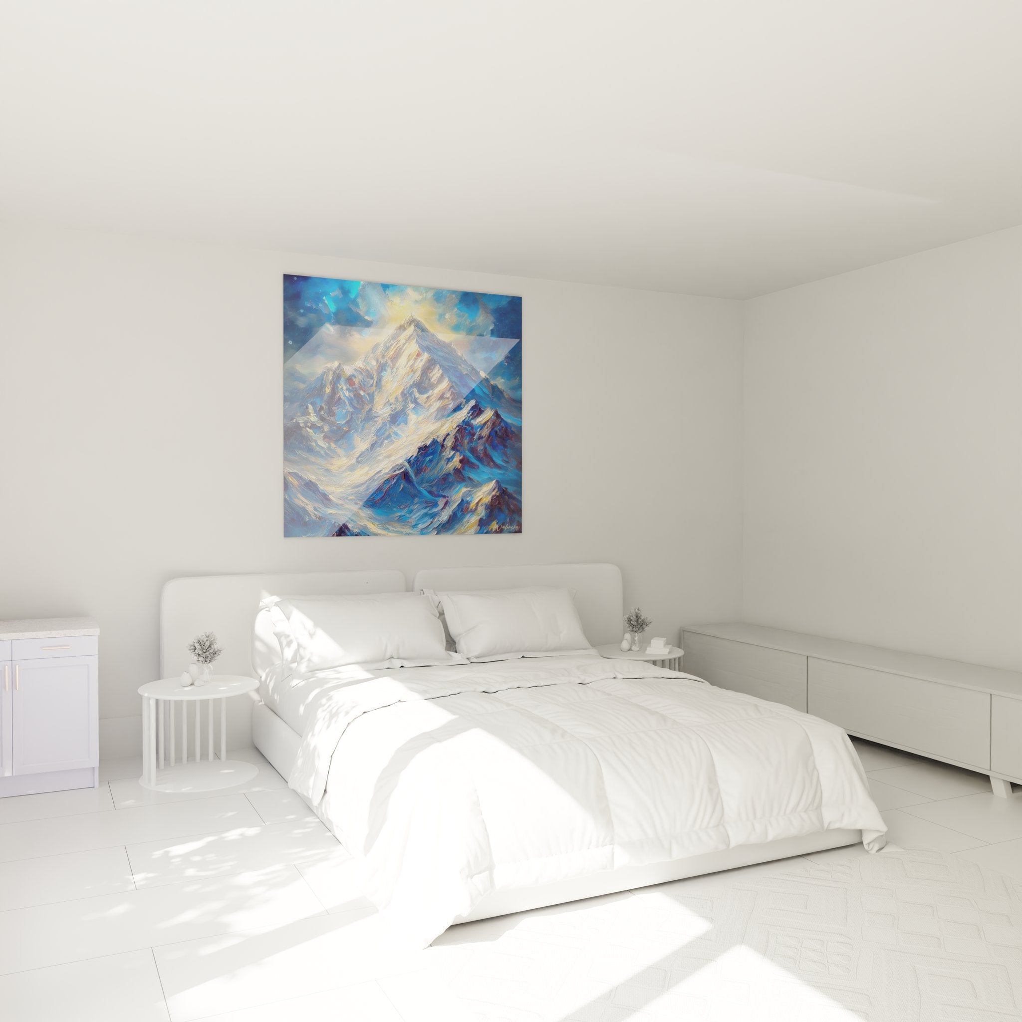 Décoration murale chambre avec tableau sommet montagne, ambiance cosy art montagnard lumineux