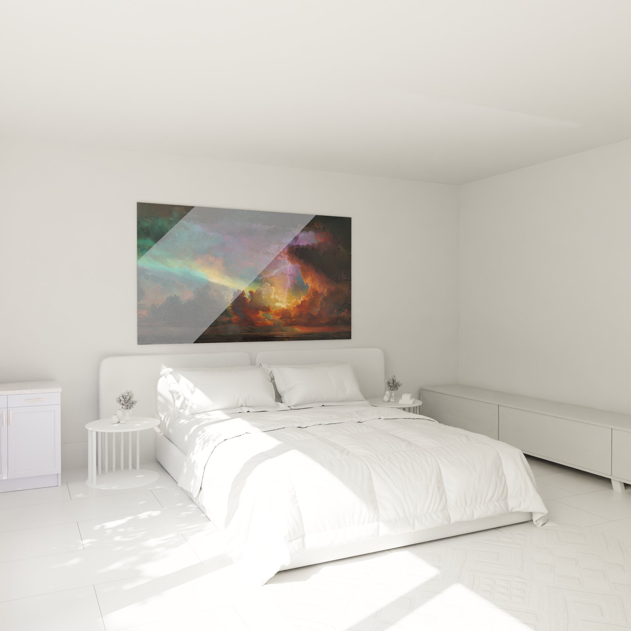 Décoration chambre avec tableau orage dramatique aux couleurs flamboyantes sur mur moderne