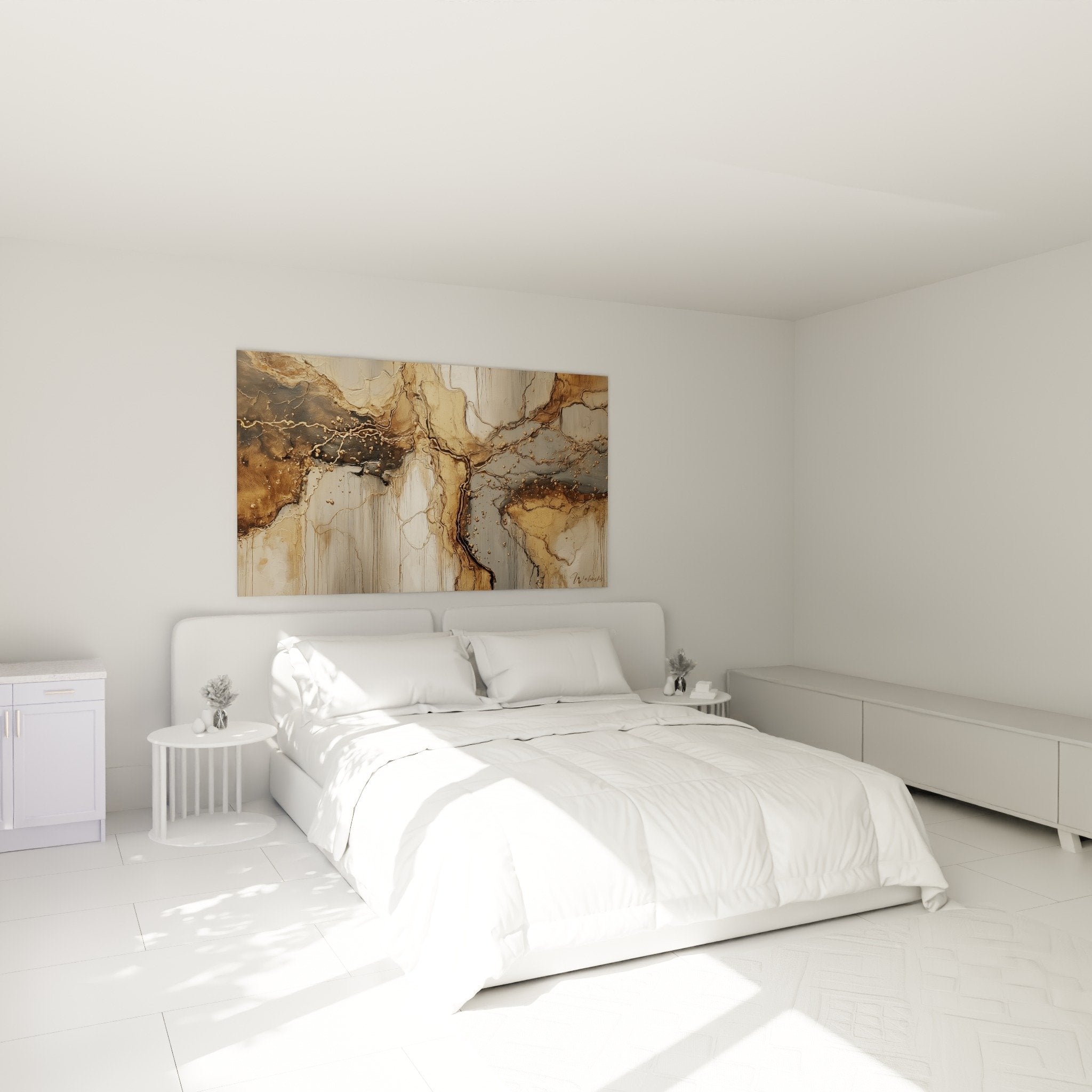 Abstract wall decor in earthy tones ochre grey in harmonious feng shui bedroom