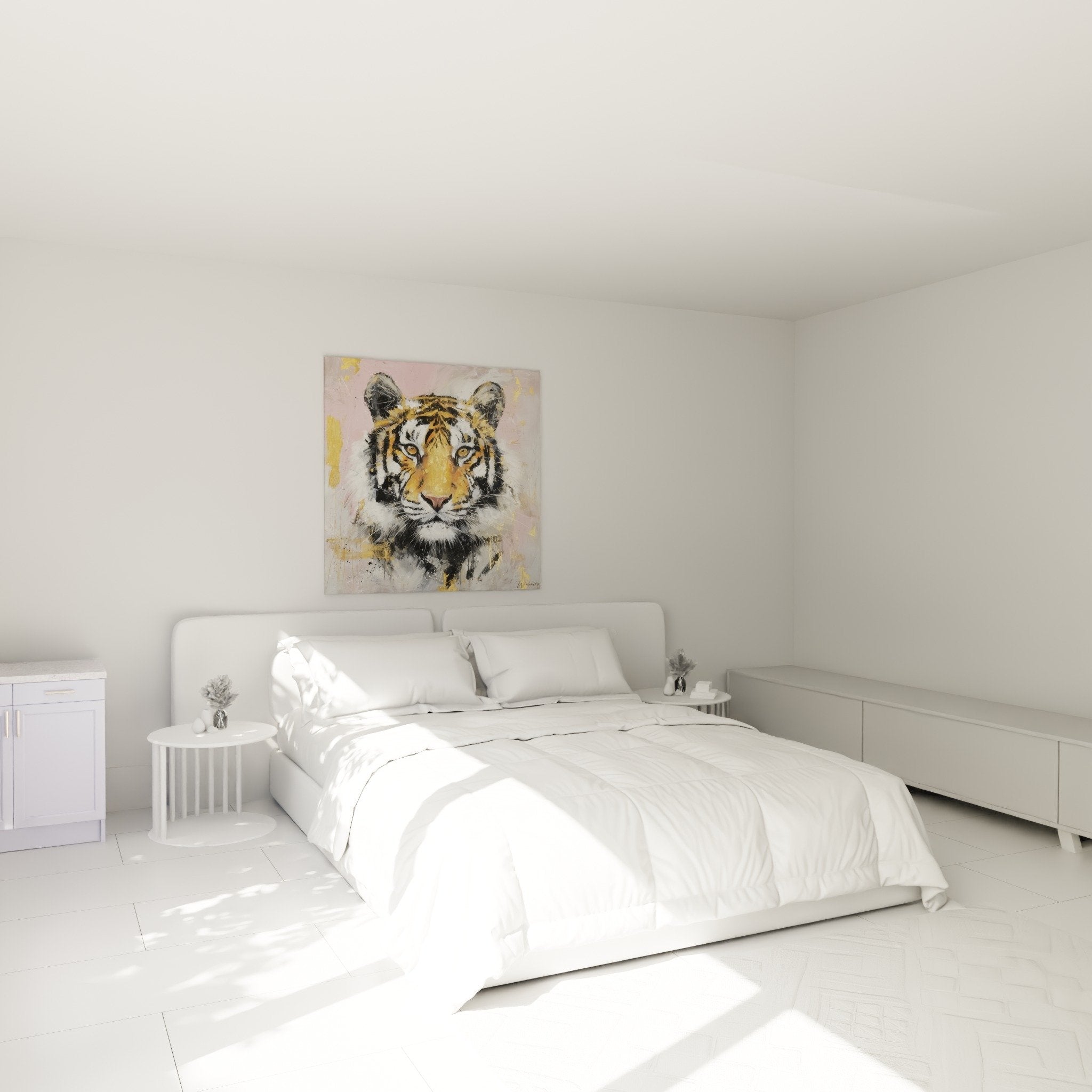 Tableau tigre dore et rose dans chambre moderne, decoration murale contemporaine avec grand felin expressionniste