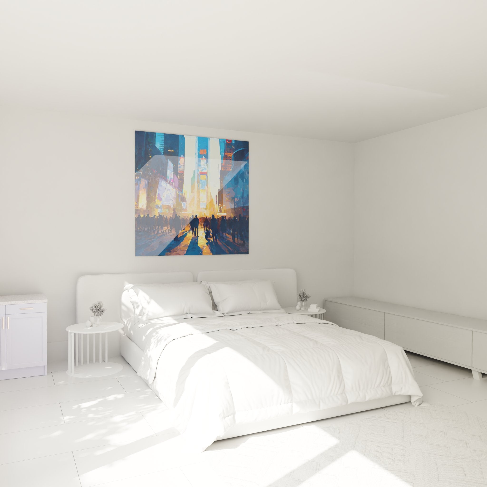 Décoration chambre avec tableau Times Square urbain aux couleurs vives, ambiance New York moderne