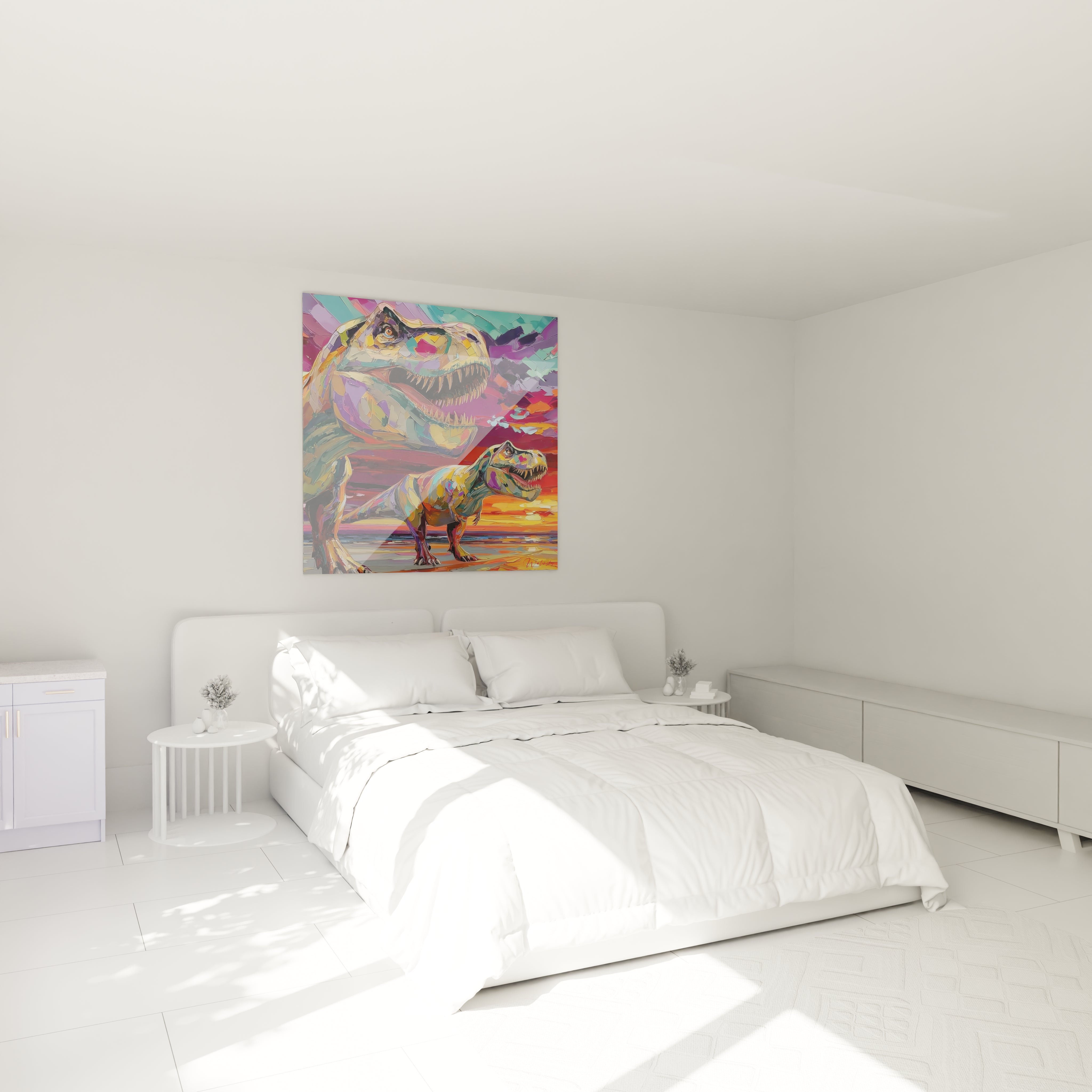 Décoration chambre avec tableau T-Rex artistique aux couleurs pop art contemporain