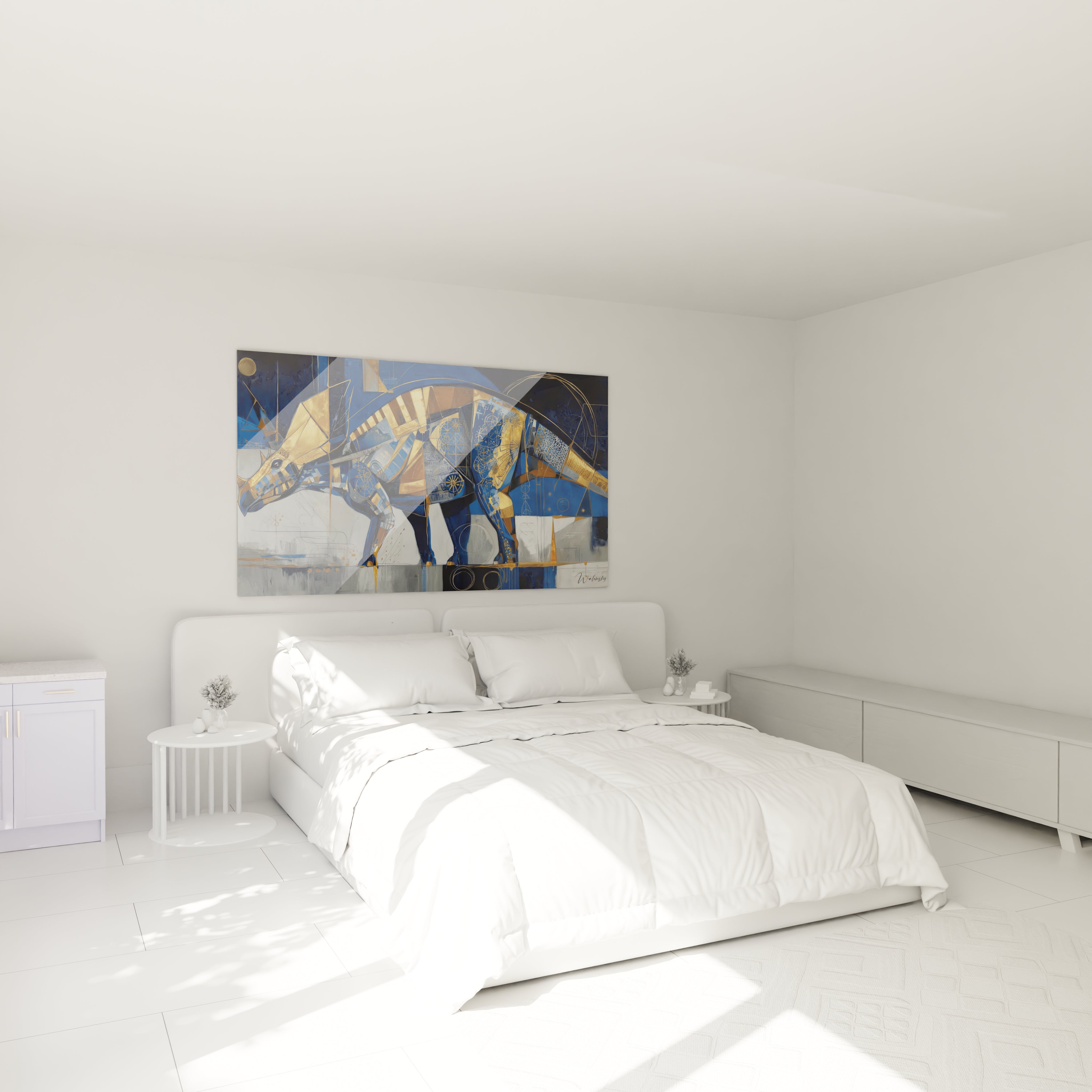 Décoration chambre avec tableau tricératops géométrique moderne, ambiance artistique dinosaure élégante