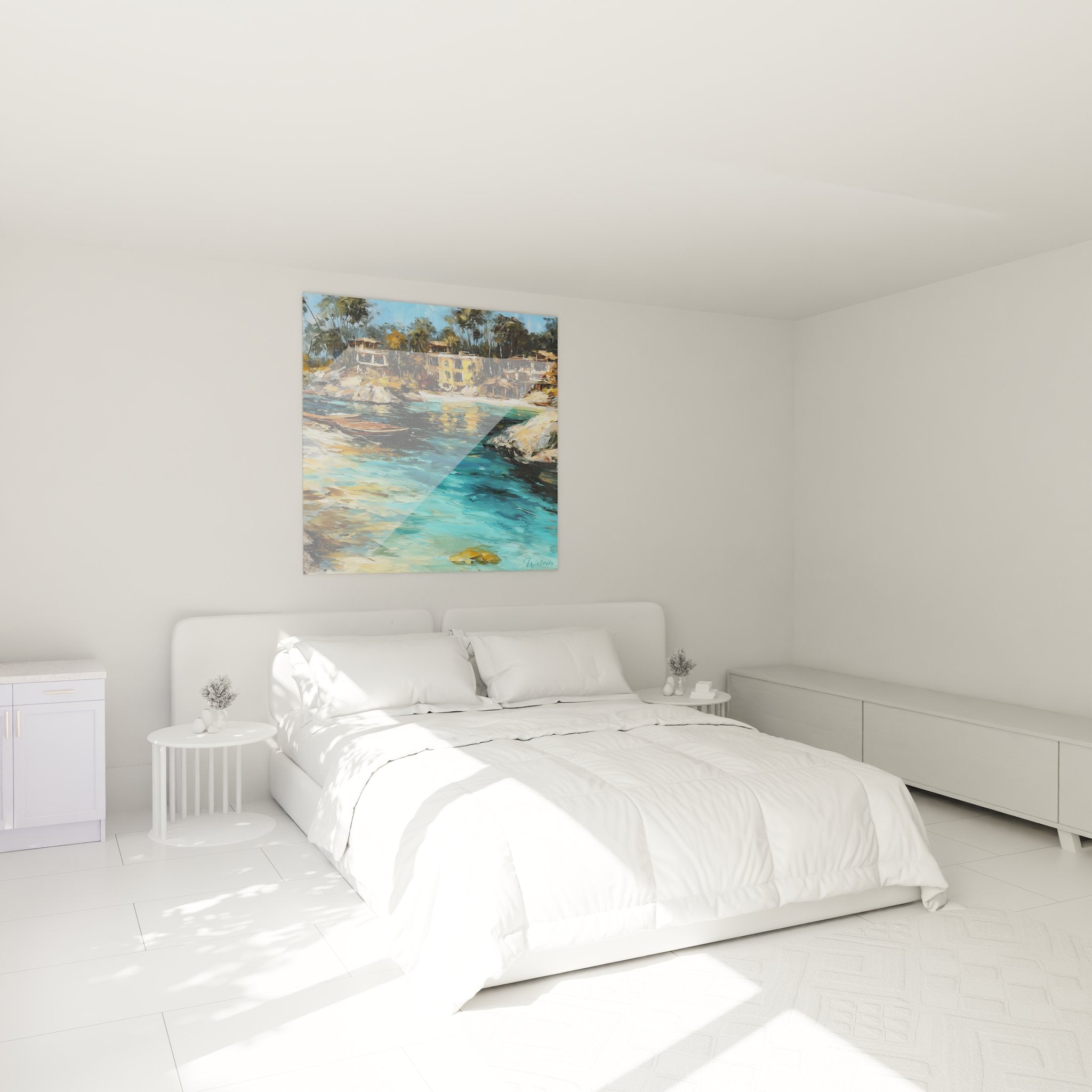 Décoration chambre avec tableau baie paradisiaque aux eaux cristallines et maisons sur pilotis