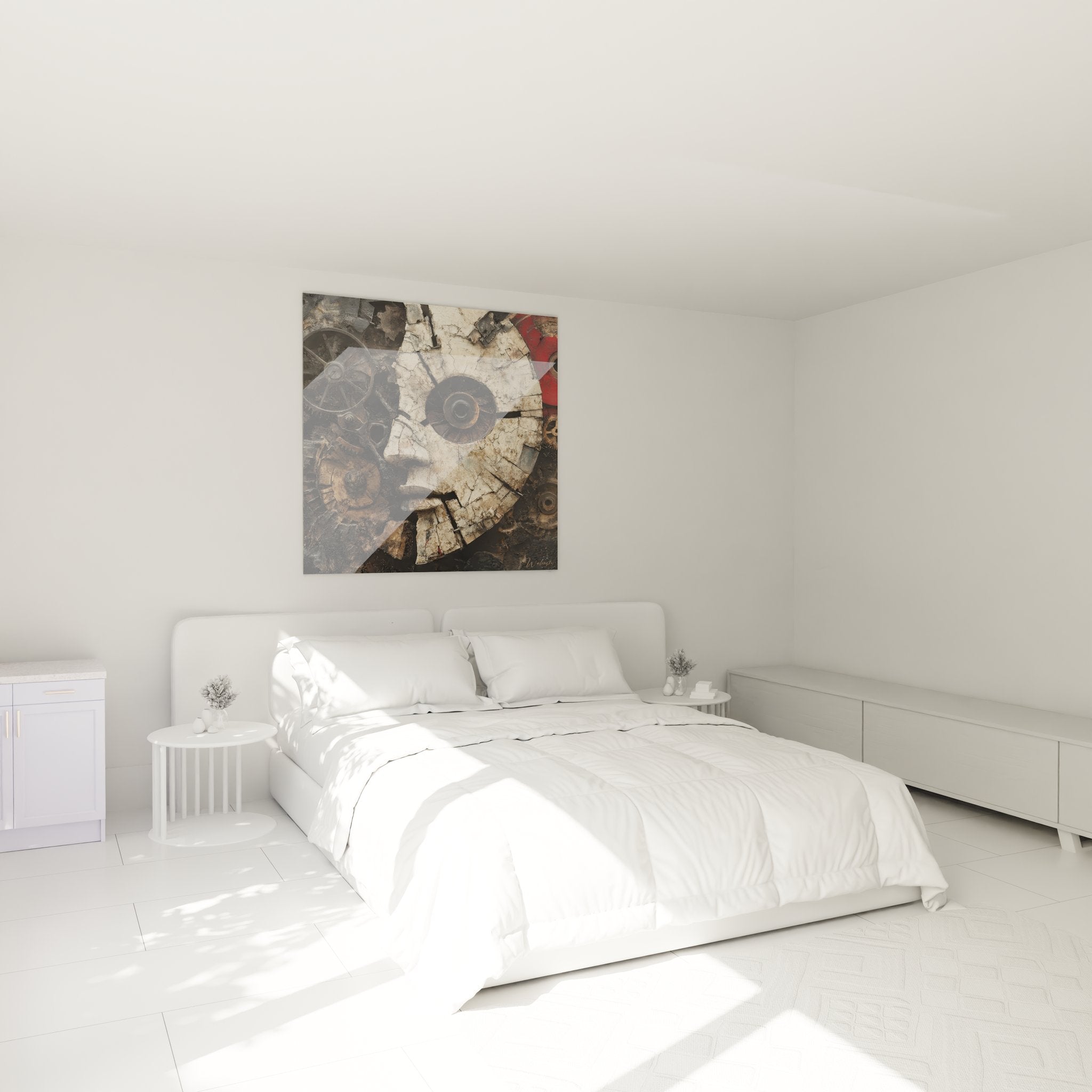 Décoration chambre avec tableau visage mécanique et engrenages style steampunk industriel moderne