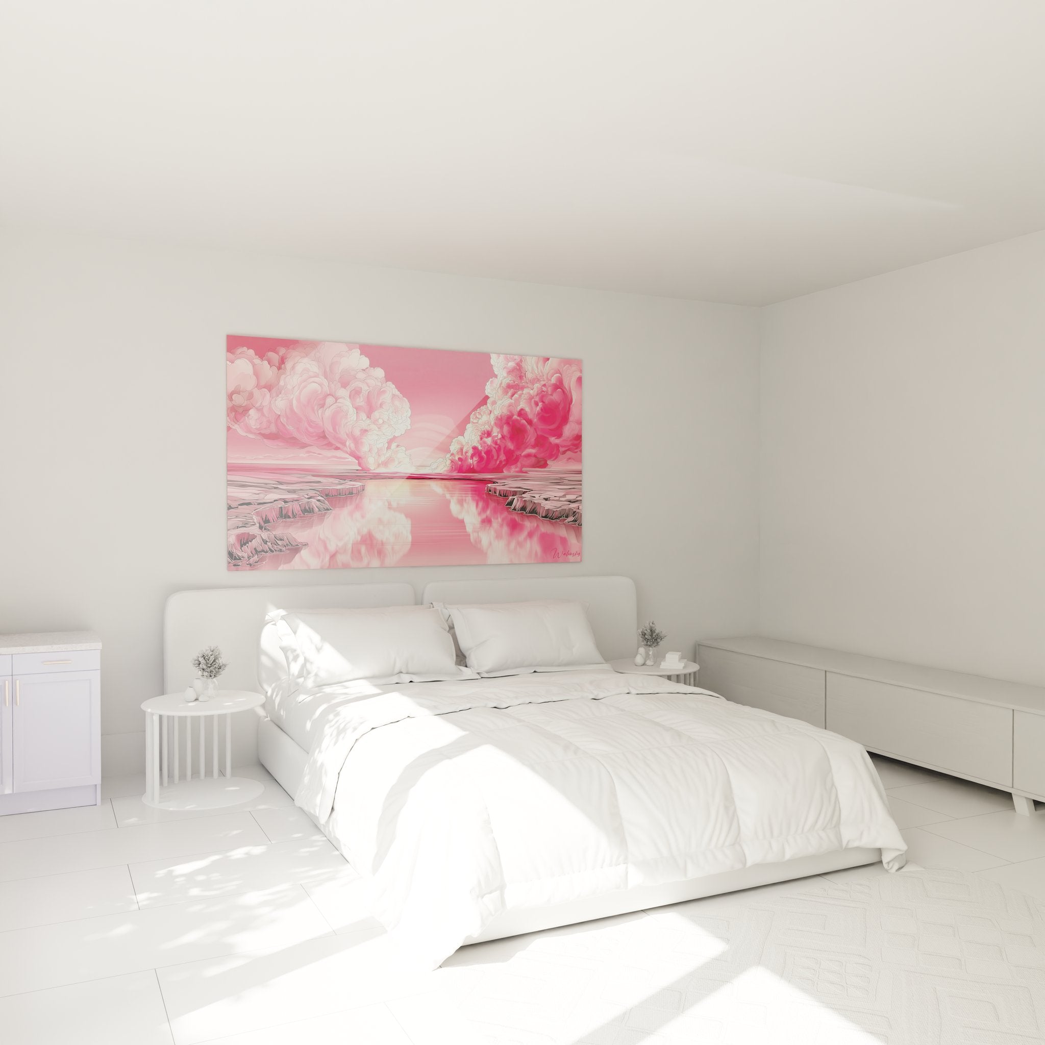 Tableau volcanique rose installé dans chambre moderne - décoration murale art contemporain