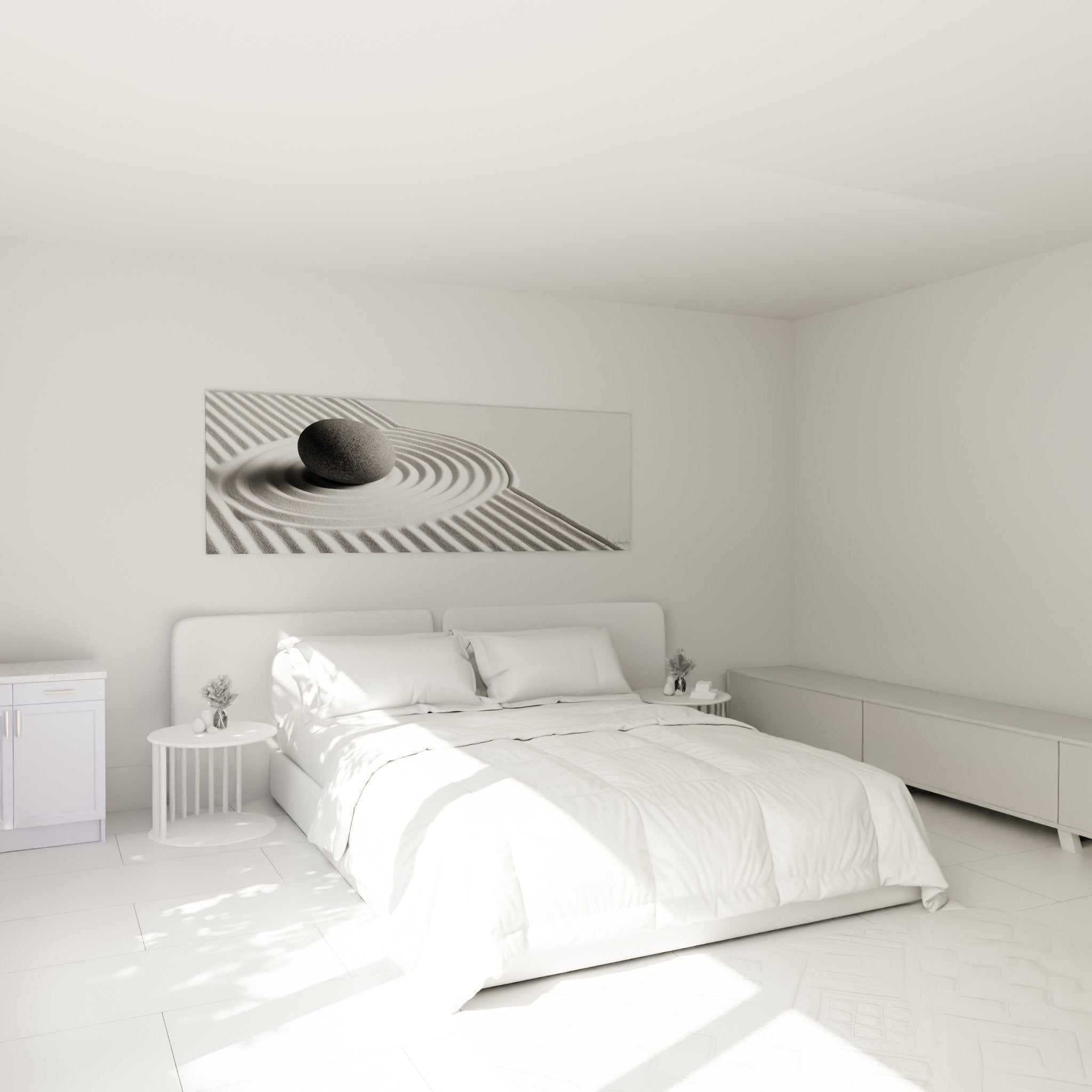 Décoration chambre tableau zen pierre noire motifs blancs ambiance apaisante minimaliste mur tête de lit