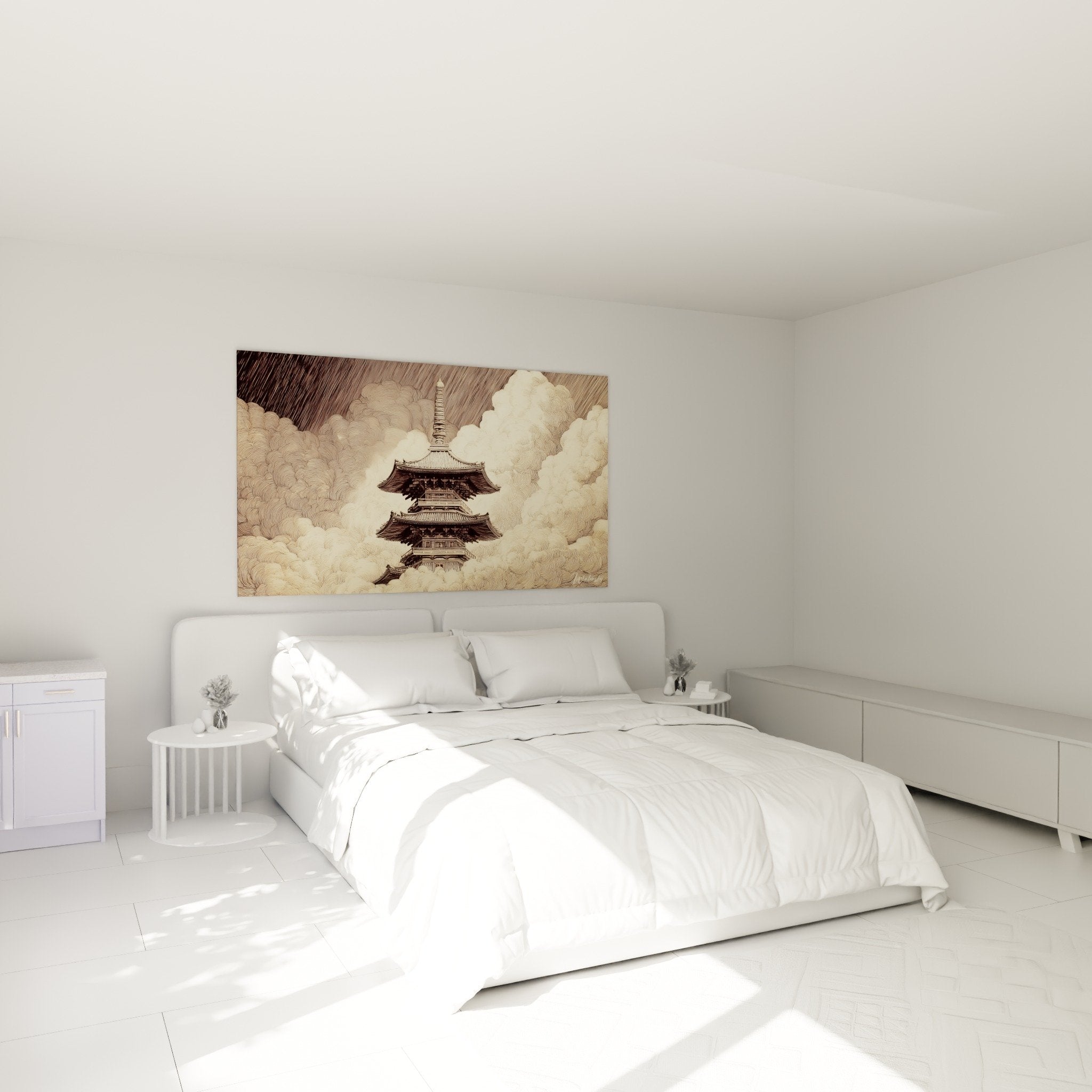 Japanese temple wall art bedroom decor pagoda clouds beige sepia zen calm atmosphere