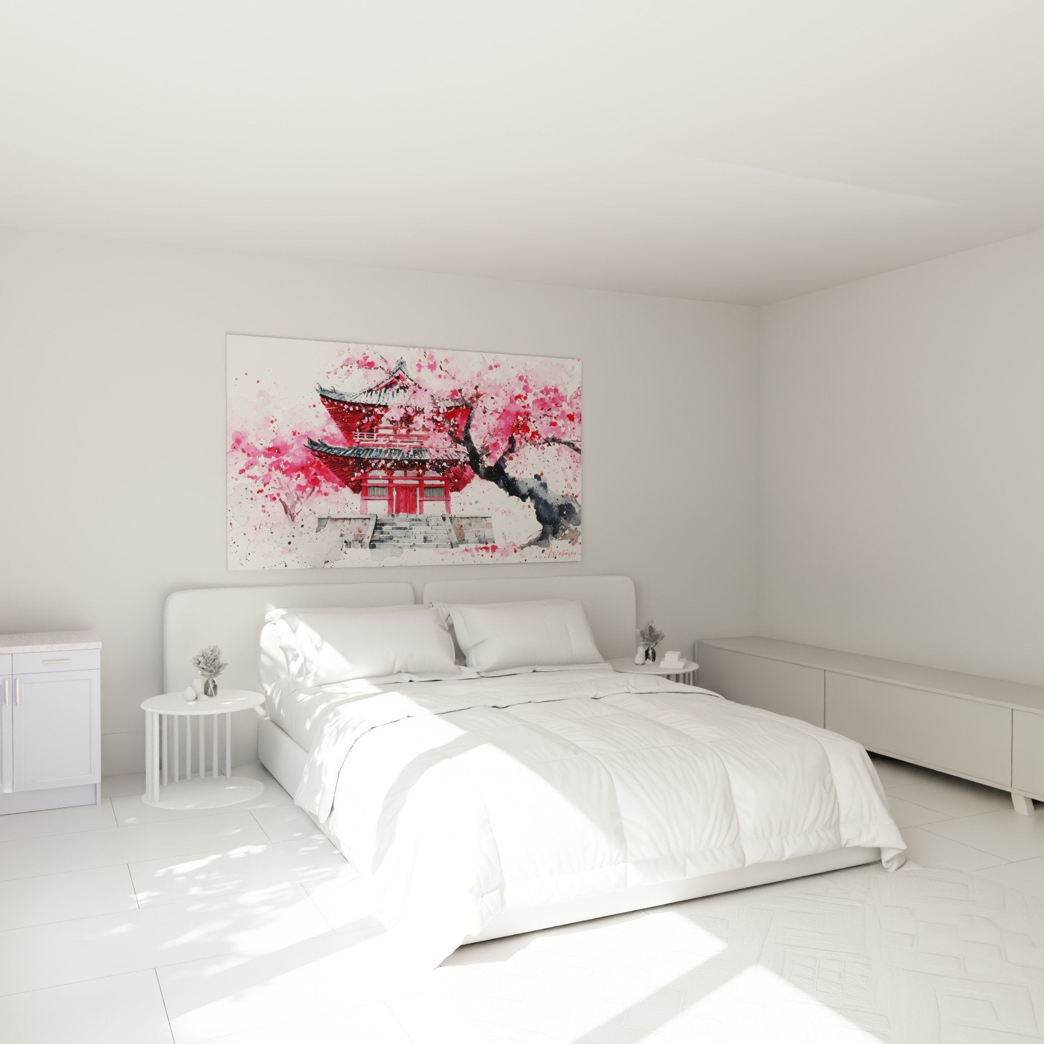 Wall decoration bedroom Japanese temple cherry blossoms pink watercolor zen romantic atmosphere sakura