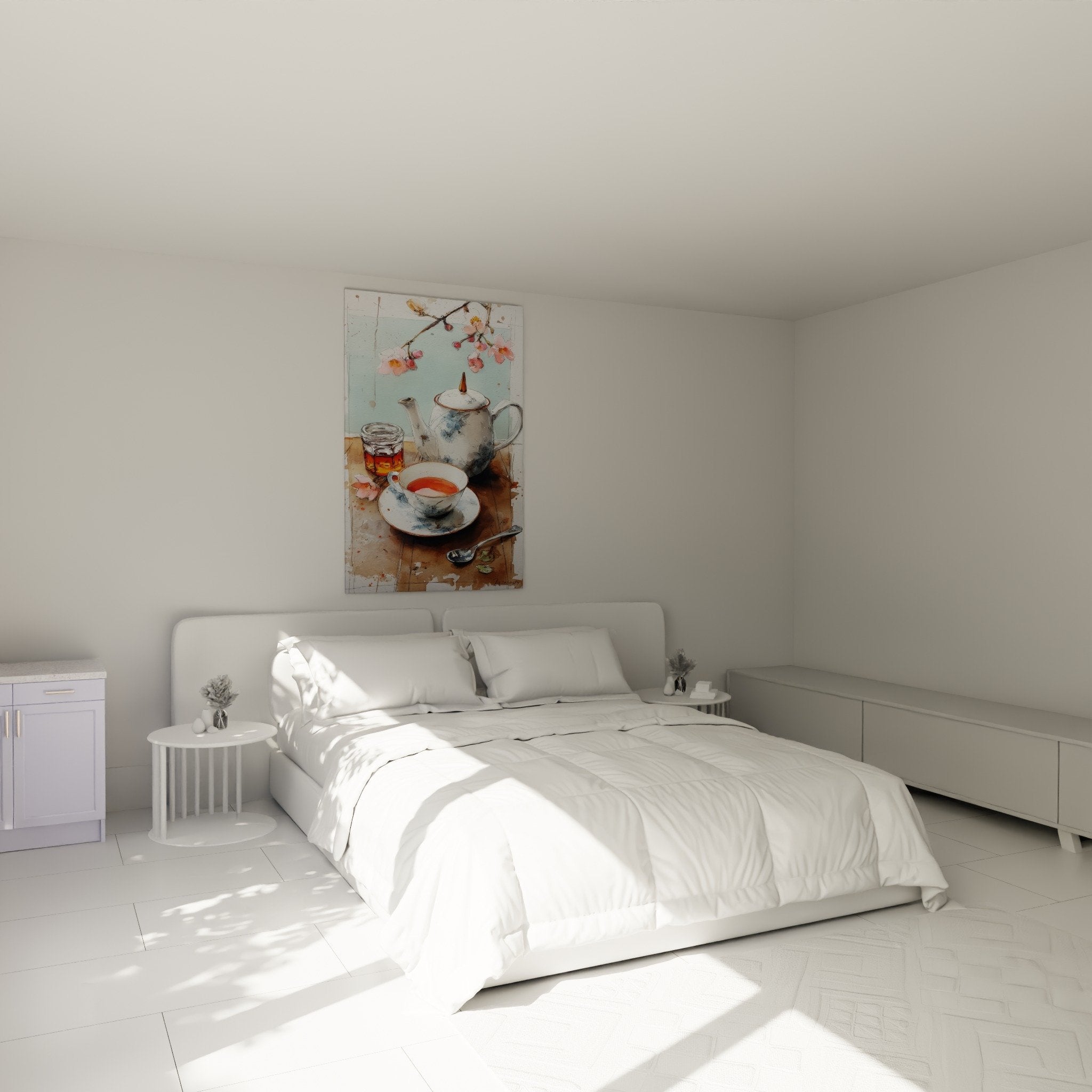 Tableau théière japonaise aquarelle suspendu au-dessus lit chambre décoration zen tons pastel bleu rose