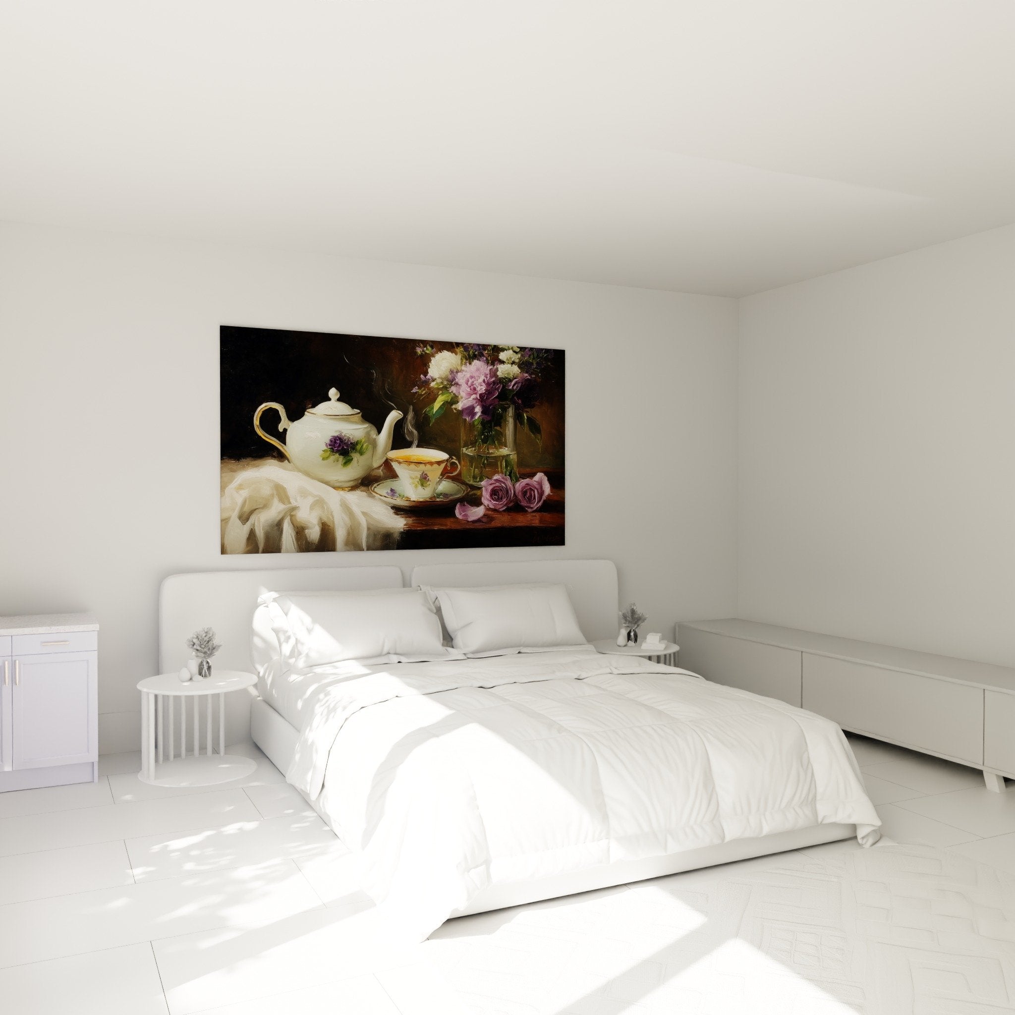 Bedroom decoration with Japanese teapot artwork in purple and white tones above the bed
