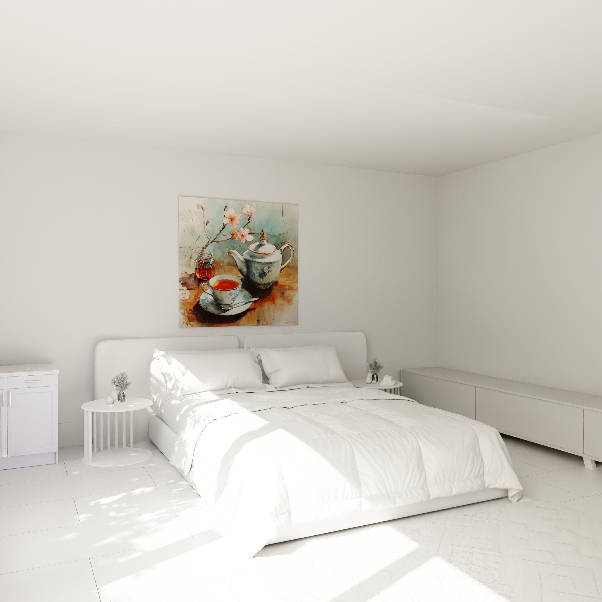Décoration murale chambre théière japonaise aquarelle ambiance zen pastel bleu rose