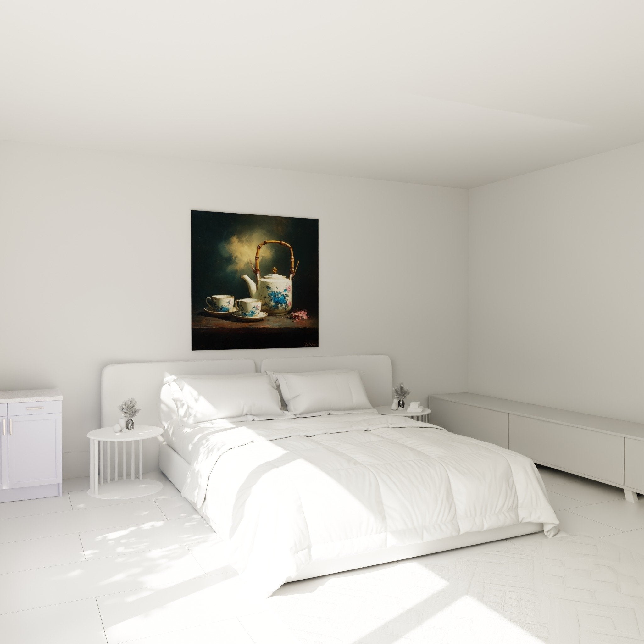 Décoration murale chambre théière japonaise porcelaine fleurie ambiance zen relaxante tons poudrés