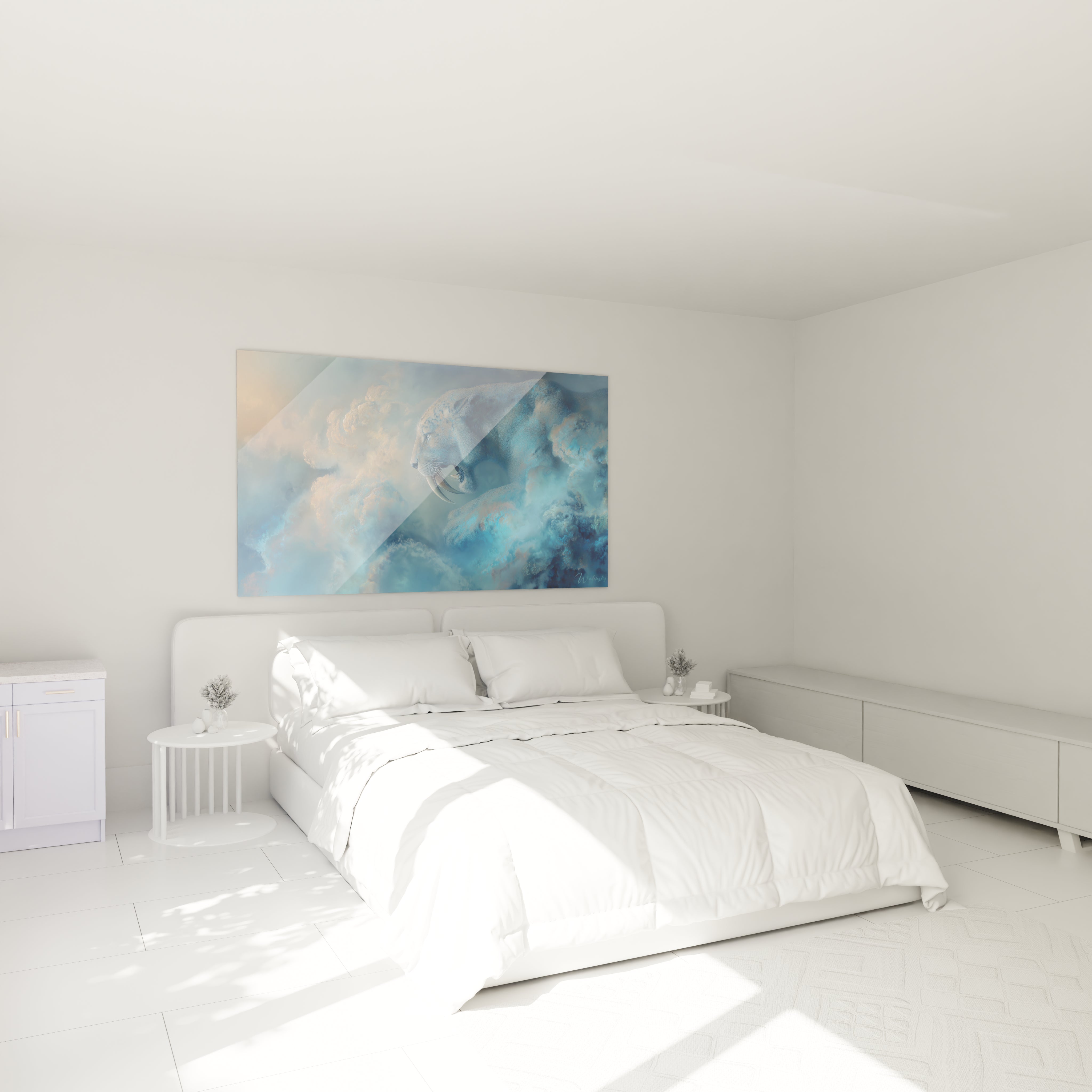 Décoration chambre tableau tigre dent sabre mystique ambiance nuages bleus dorés