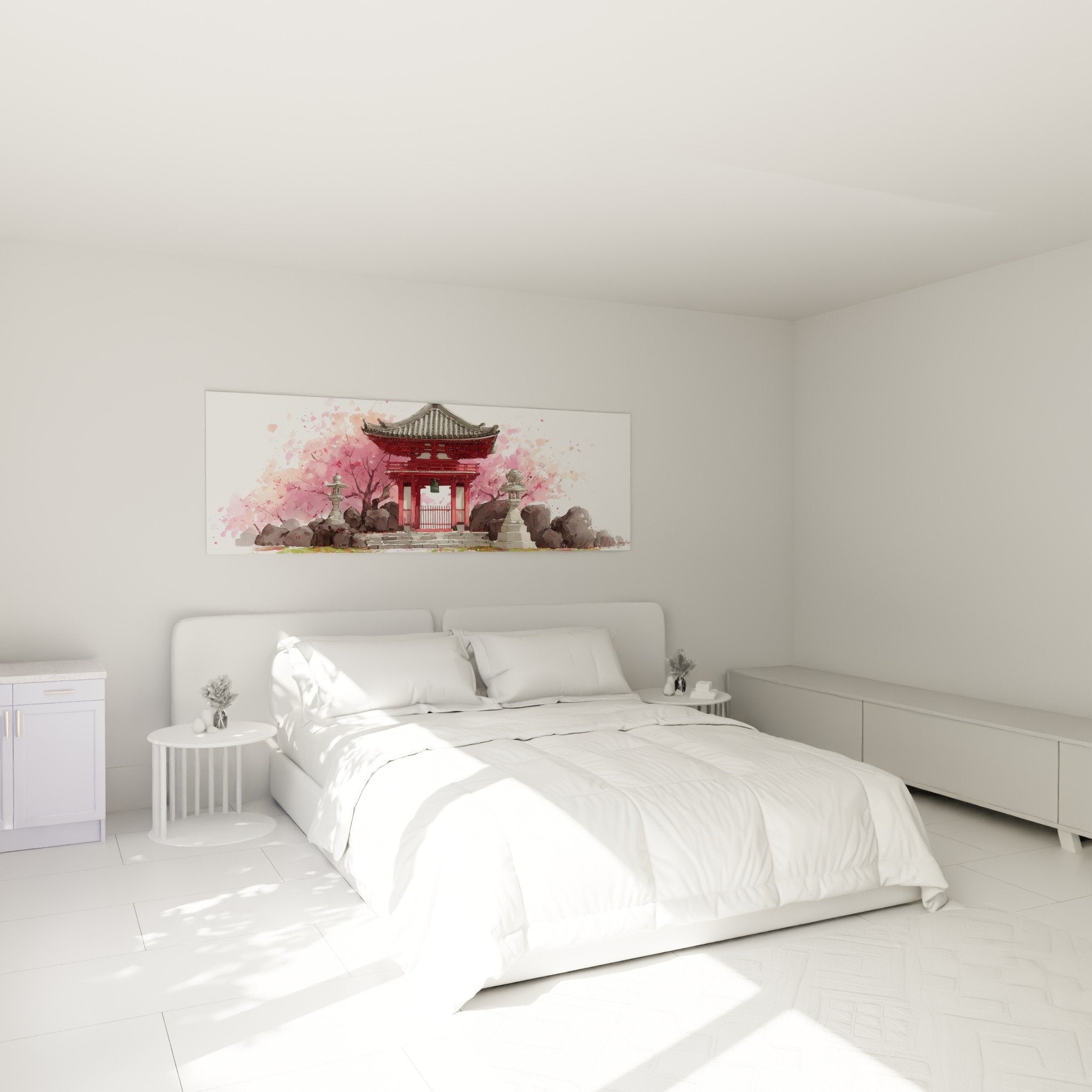 Pink Japanese temple wall art in modern bedroom, zen watercolor cherry blossom mural decoration