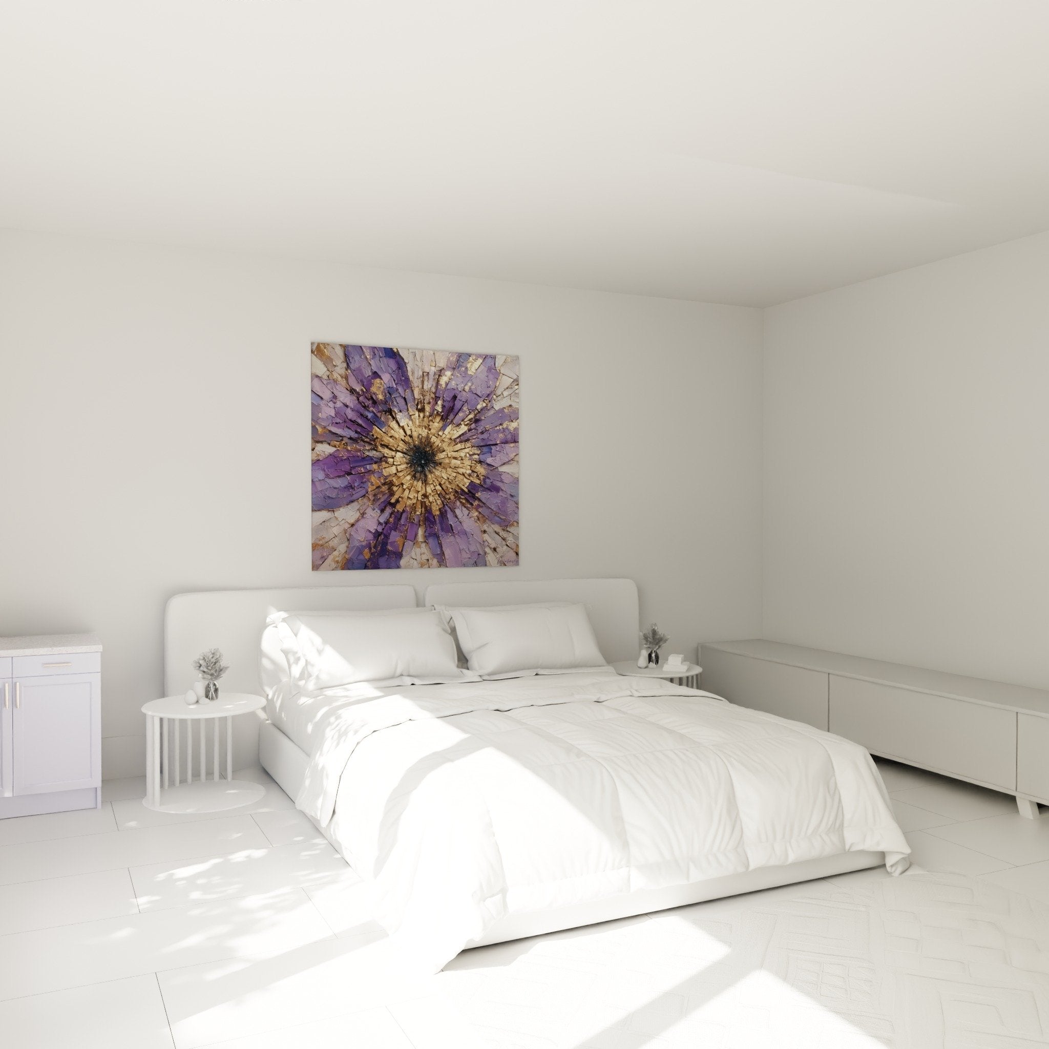 Purple gold bedroom wall art radial explosion textured relief mystical ambiance