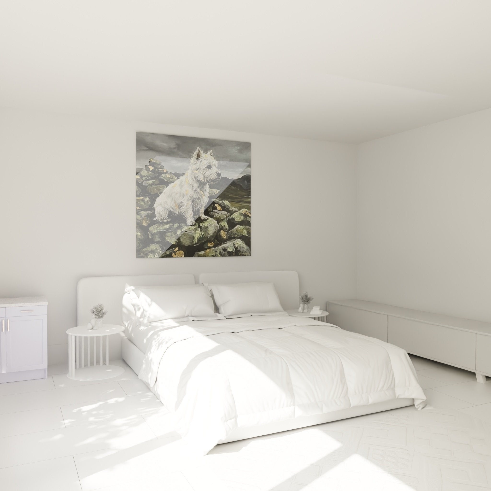 Décoration chambre avec tableau Westie blanc sur rochers dans paysage montagneux gris et doré