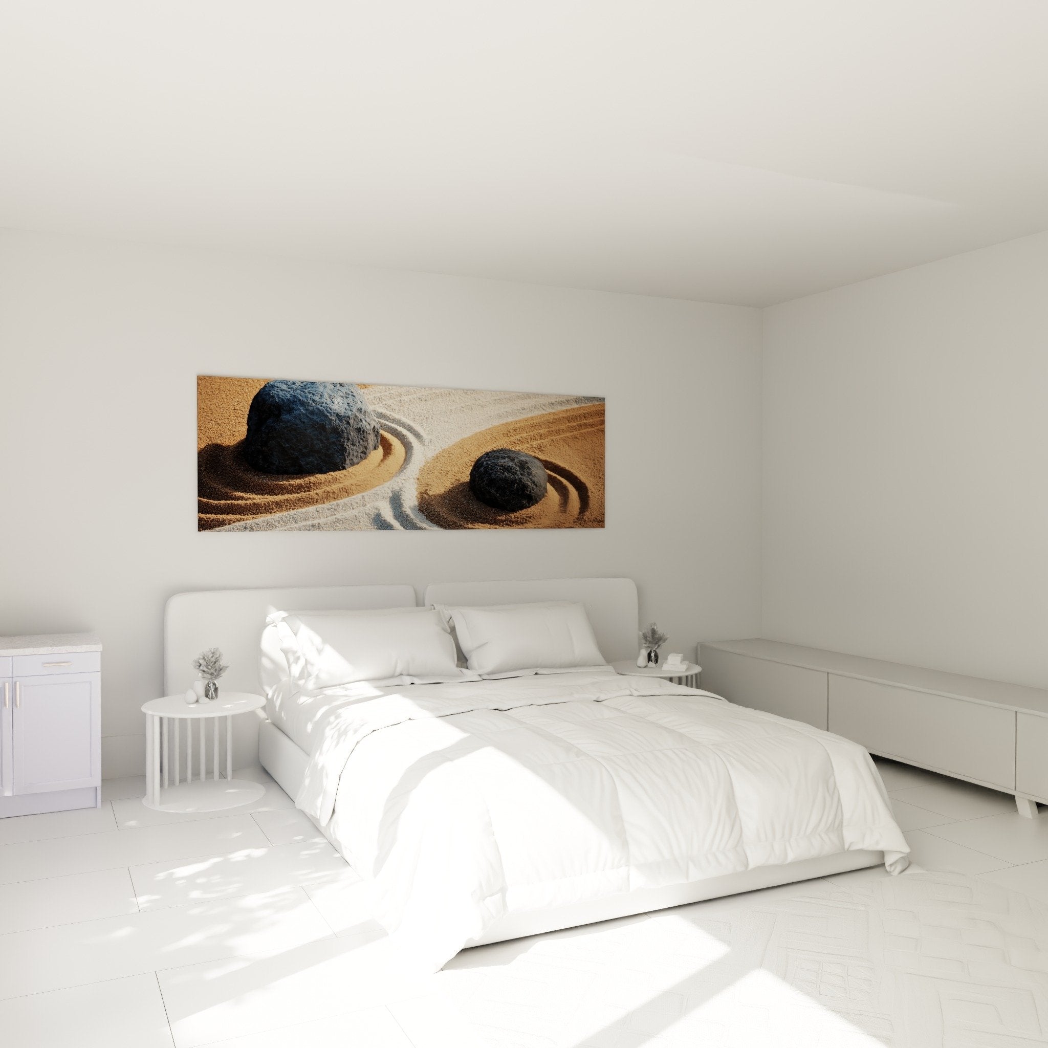 Décoration chambre tableau pierres zen sable doré ambiance apaisante méditation