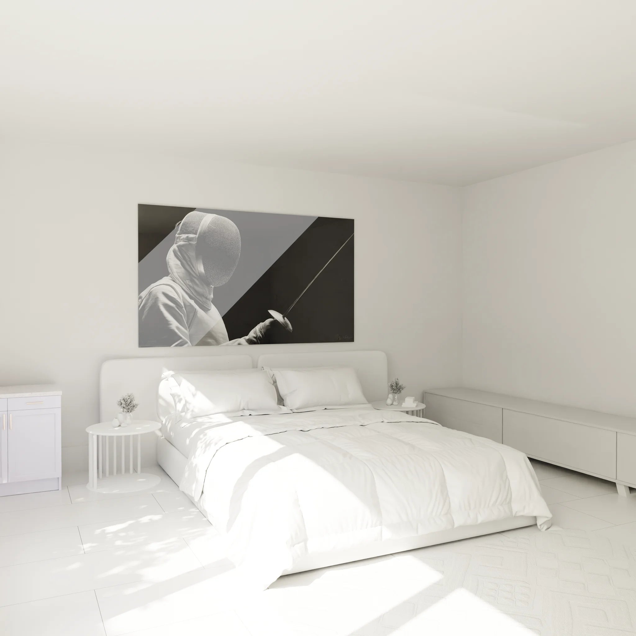 Décoration murale escrimeur noir et blanc dans chambre moderne, ambiance sportive élégante