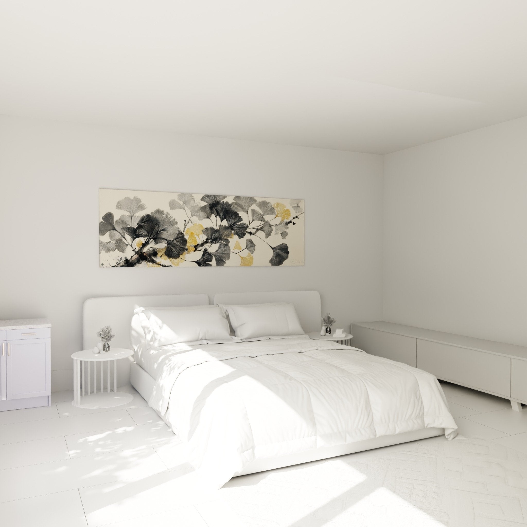 Decoration murale ginkgo tons gris or dans chambre moderne ambiance zen japonisante apaisante