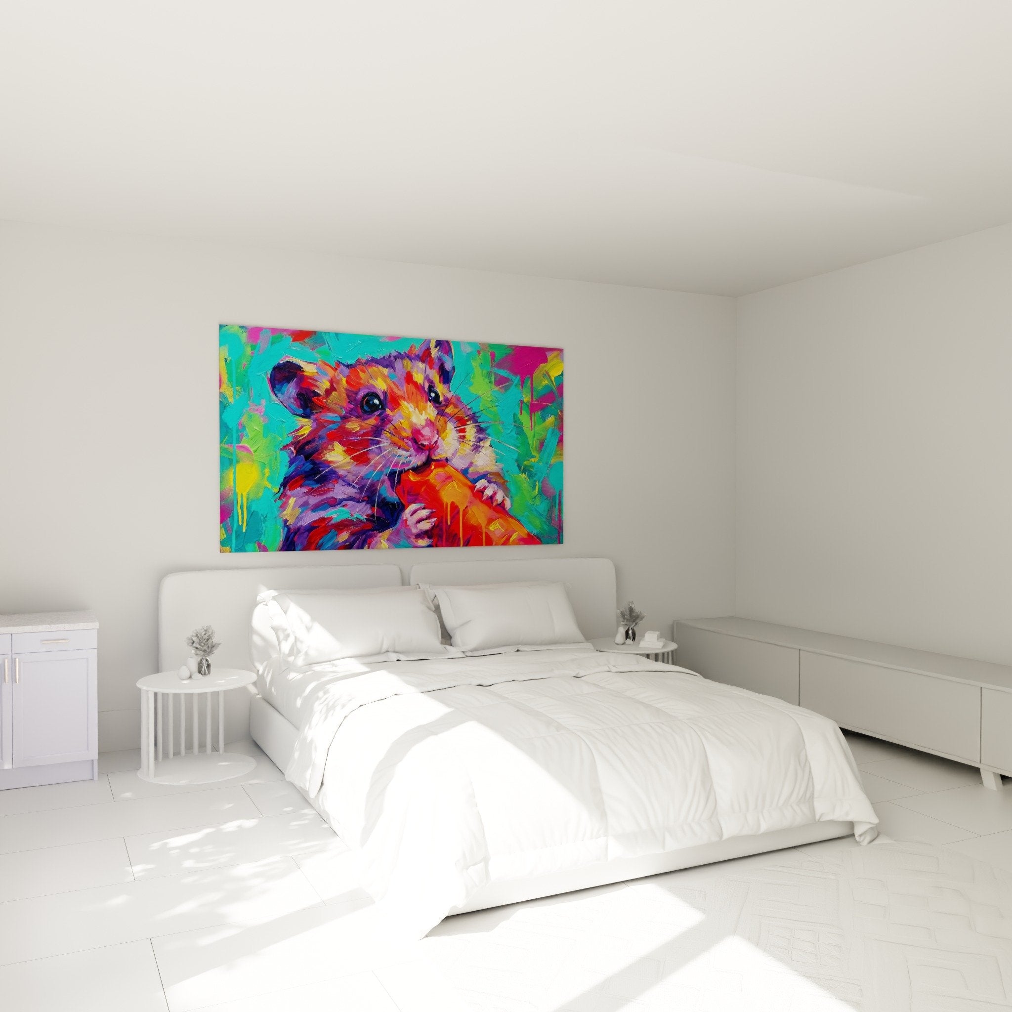 Wanddekoration Hamster mehrfarbig roter Apfel modernes Schlafzimmer Pop Art lebendig