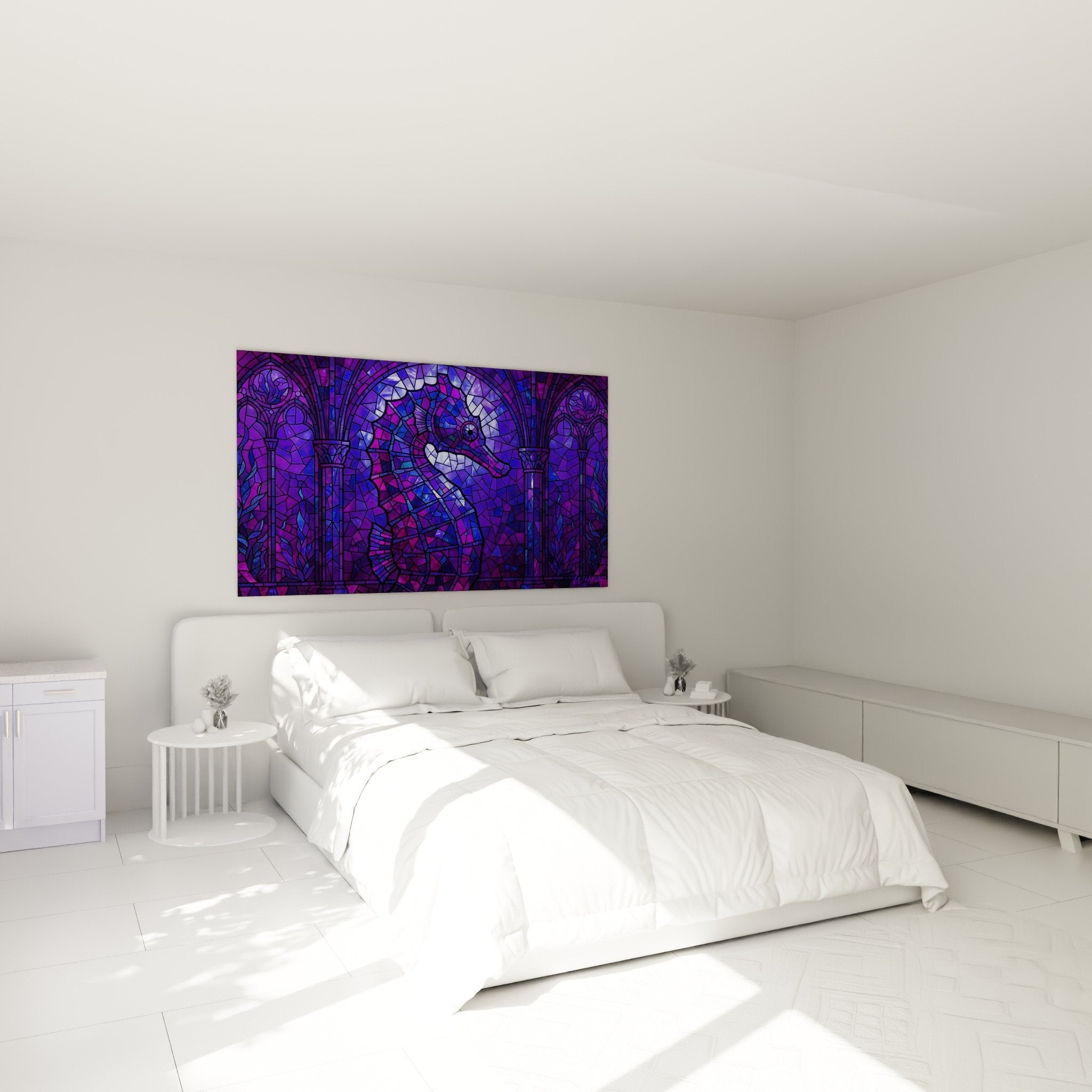 Hippocampe mosaique violette bleue decoration murale chambre ambiance gothique apaisante marine