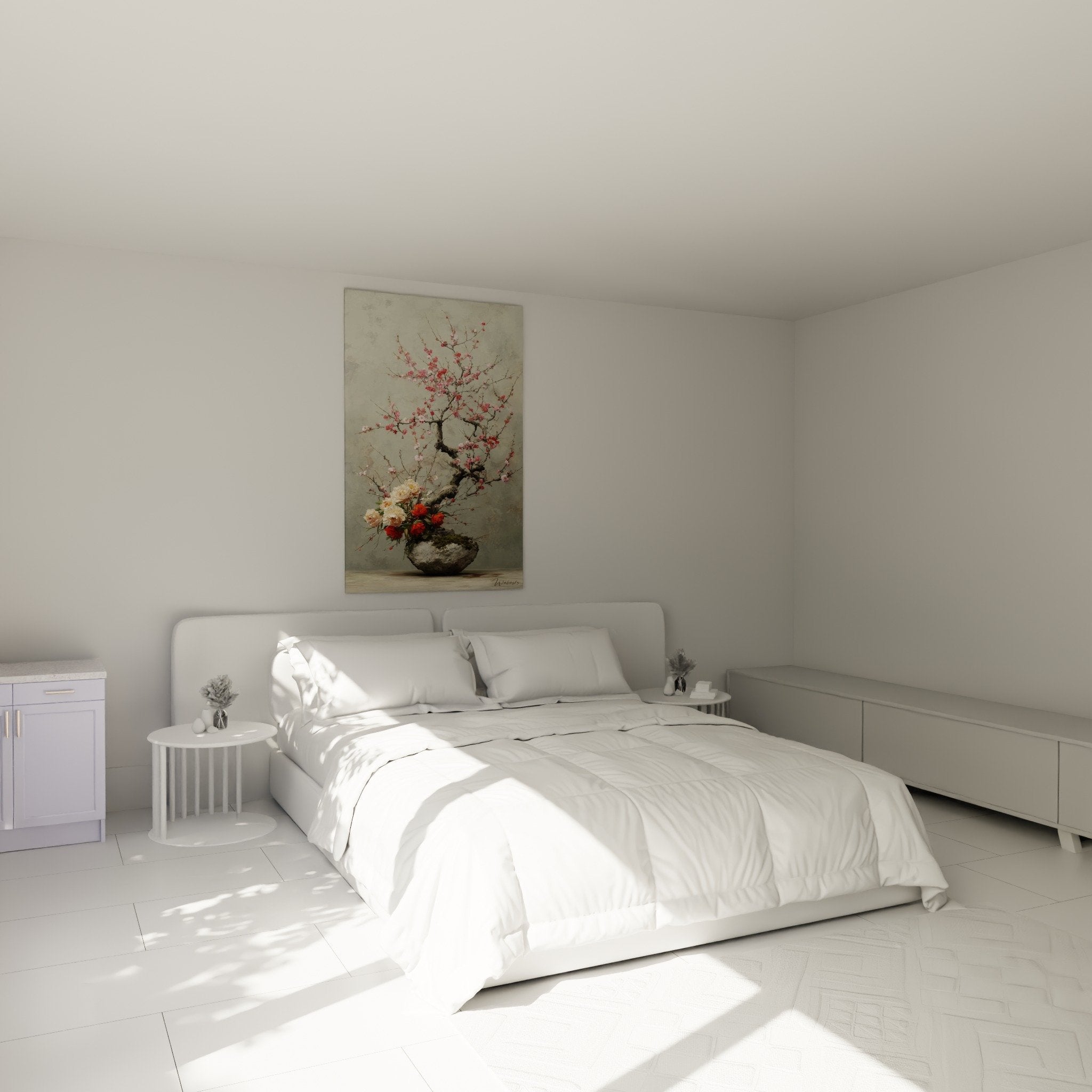 Decoration murale ikebana chambre art floral japonais cerisier rose pivoines arrangement zen