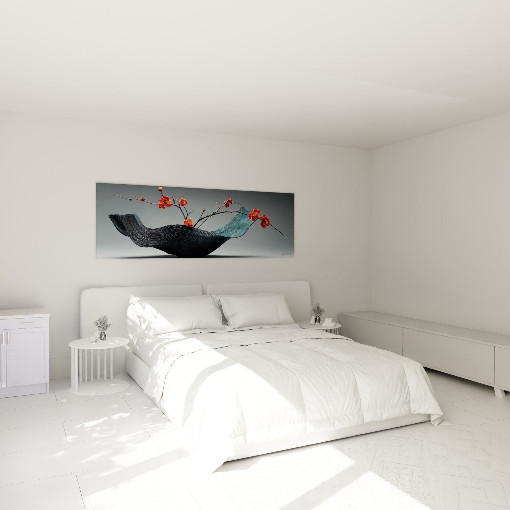 Ikebana wall art zen bedroom black vase red cherry branches serene Japanese atmosphere