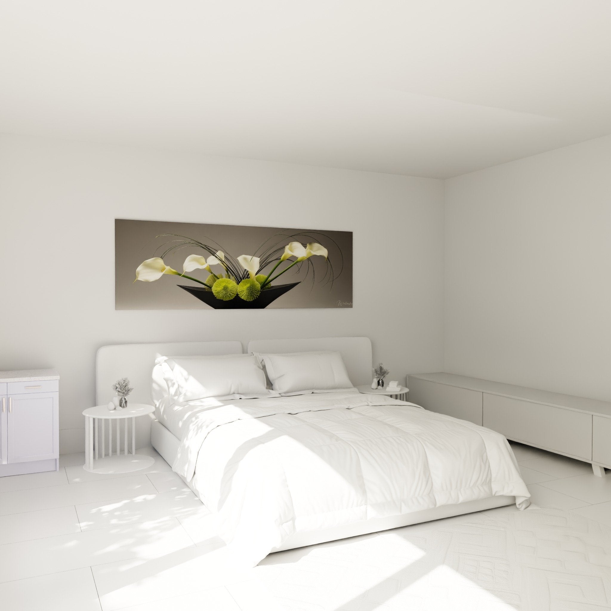 Decoration murale ikebana chambre ambiance zen callas blancs chrysanthemes verts composition florale japonaise apaisante