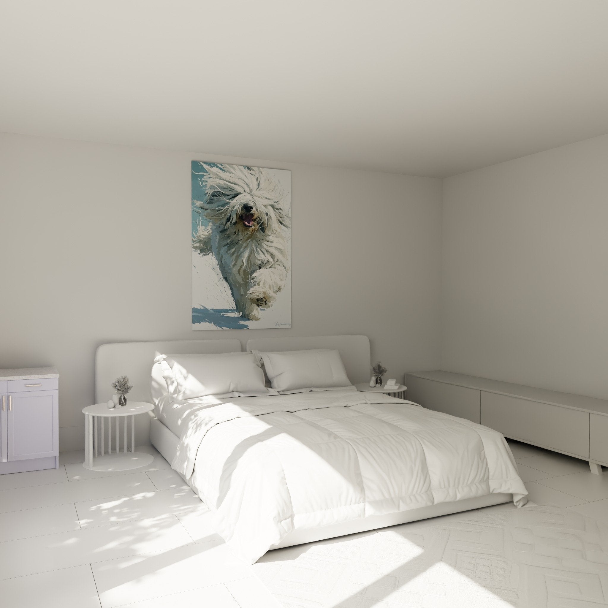 Decoration murale komondor blanc dans chambre moderne, ambiance douce et apaisante